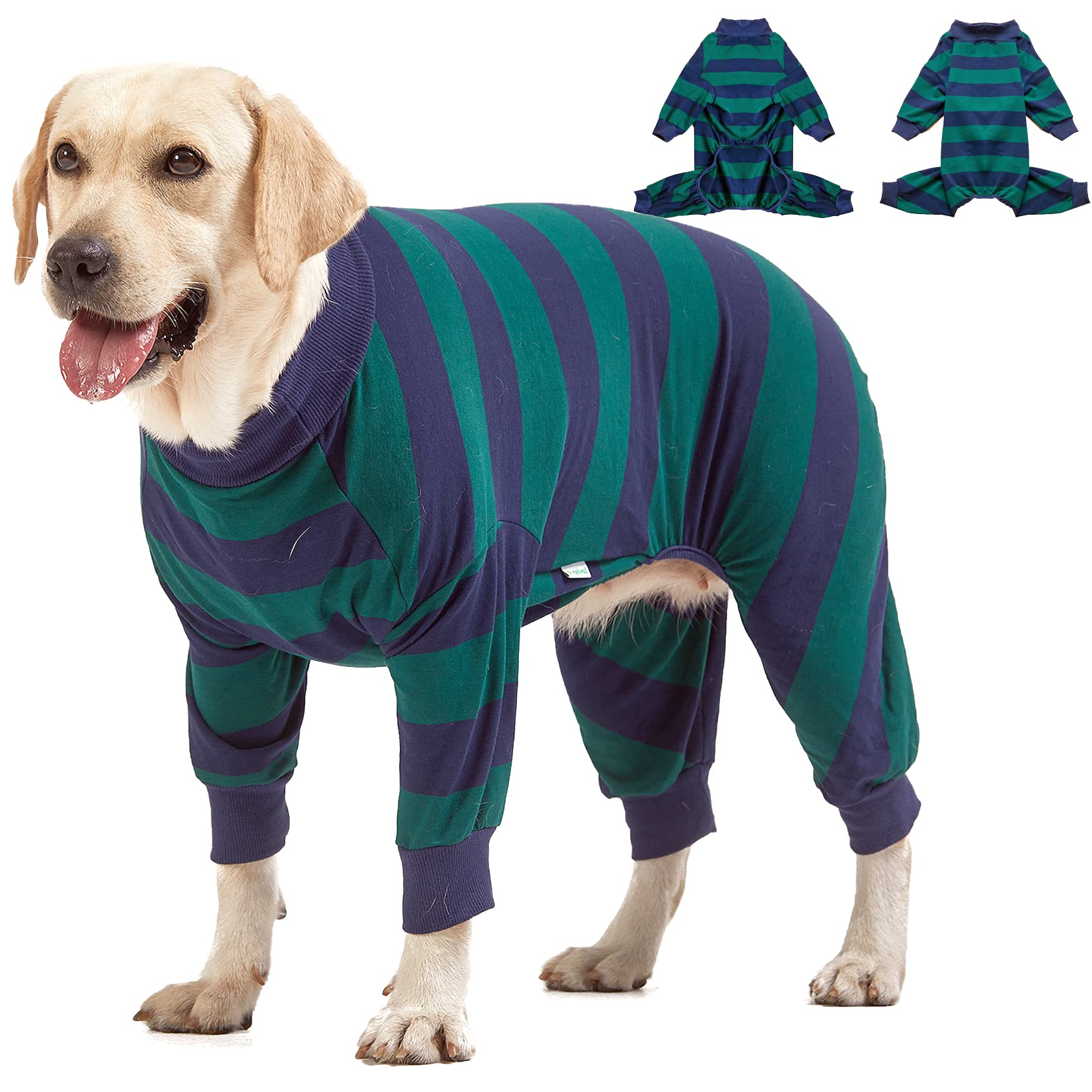Lovinpet Large Dog Pajamas Bodysuit - Lightweight Stretchy Knit Pullover Dog Onesie, Green And Black Stripe Print Dog Shirt, Uv 