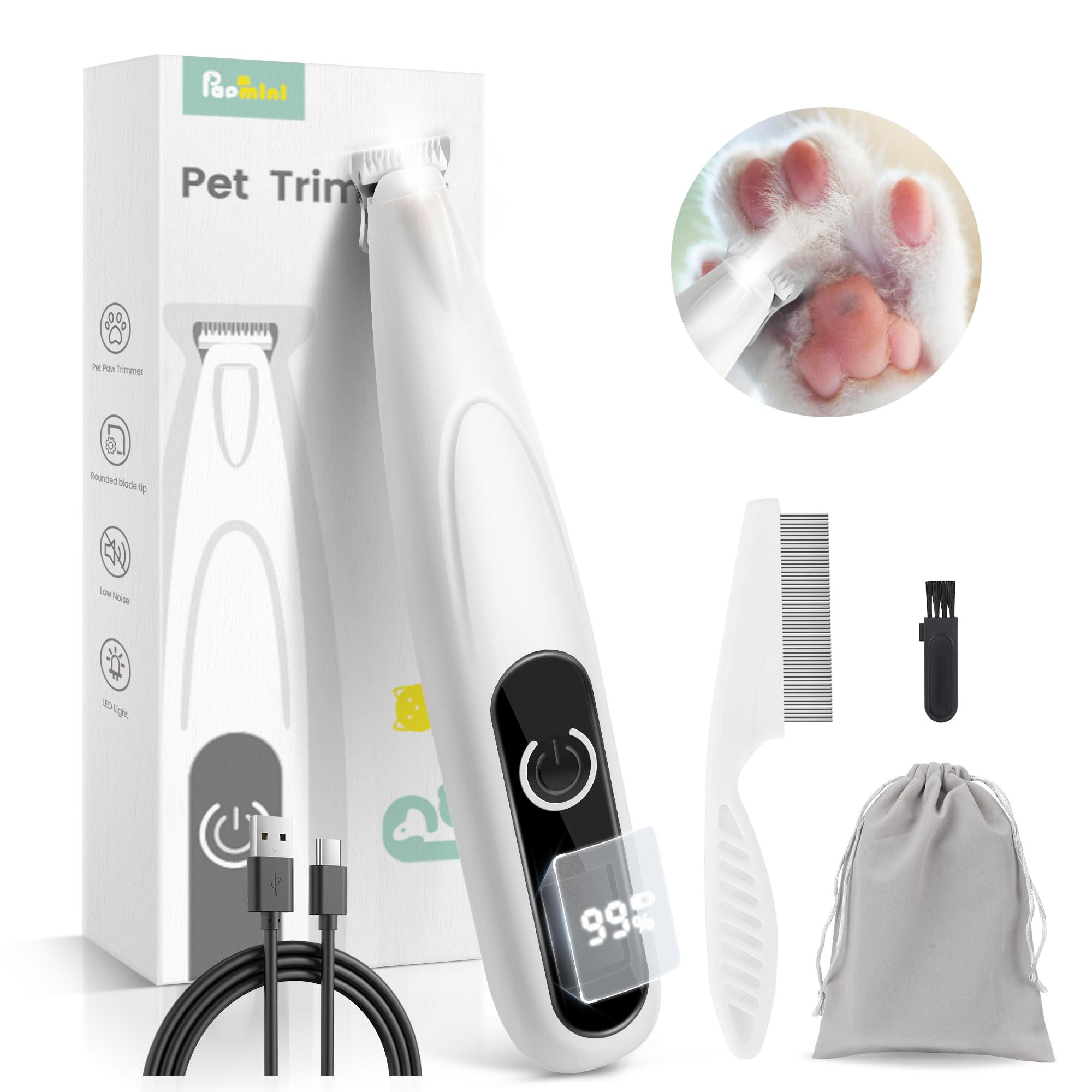 Papmini Dog Grooming Kit With Led Display, 35Db Ultra-Low Noise Dog Paw Trimmer, Cordless Hair Trimmer For Paws, Ears, Face, Rum