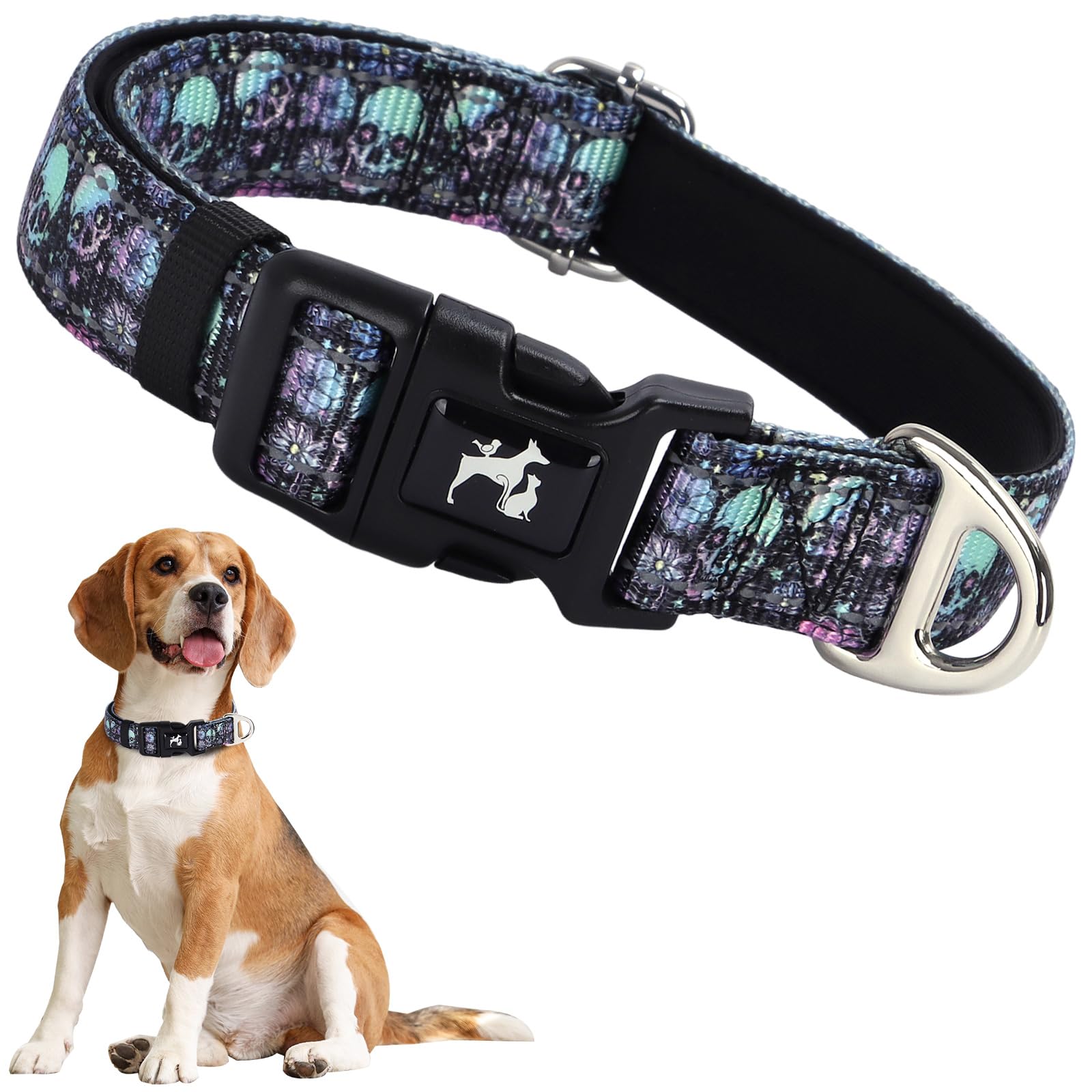 Onefojojo Reflective Dog Collar With Skull Patterns, Boy & Male Dog Collar, Adjustable Safety Nylon Collars For For Medium Large
