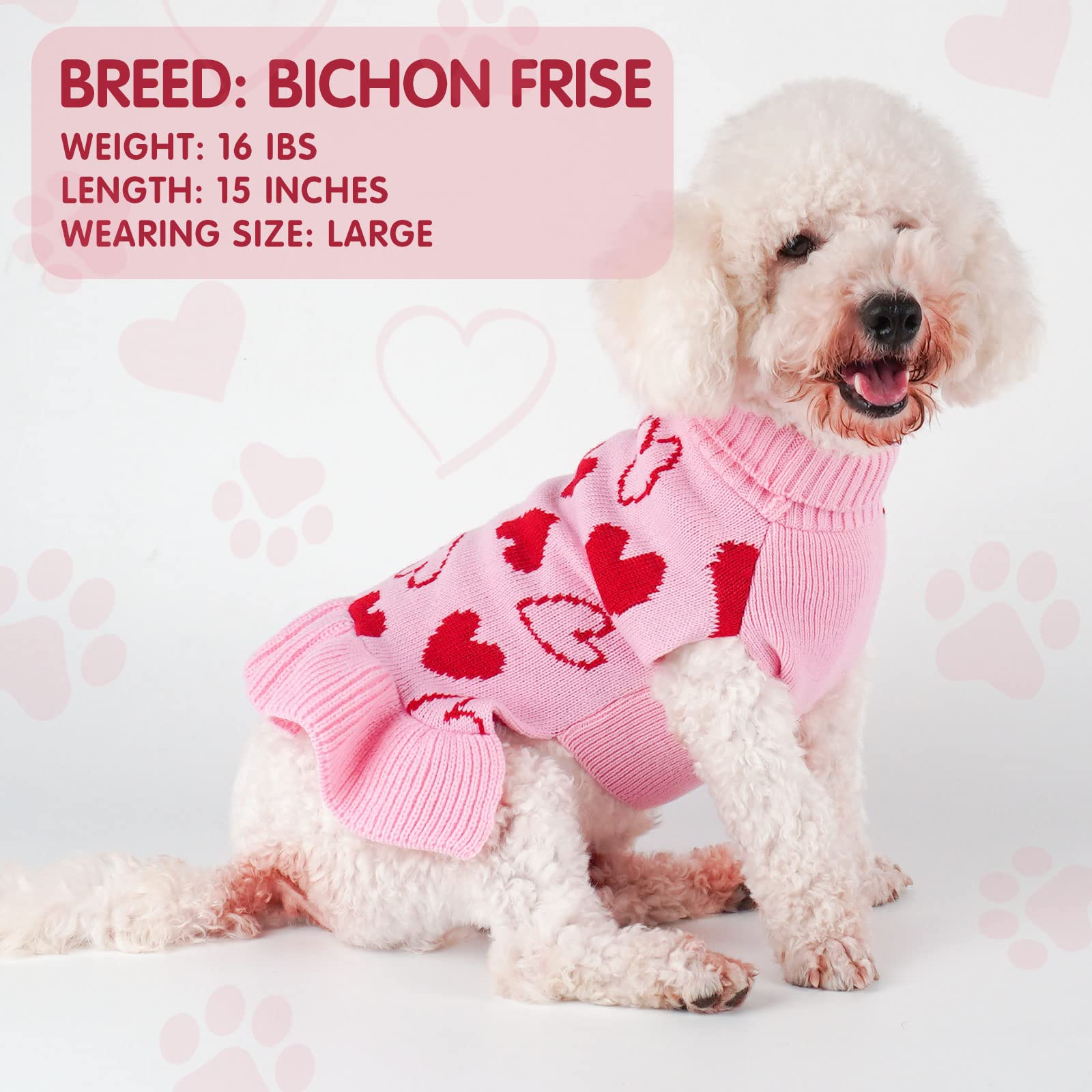 Cyeollo Valentines Day Dog Sweater Dress Dog Clothes Pullover Turtleneck With Leash Hole Heart Pattern Holiday Theme Female Pet Apparel For Small Dogs