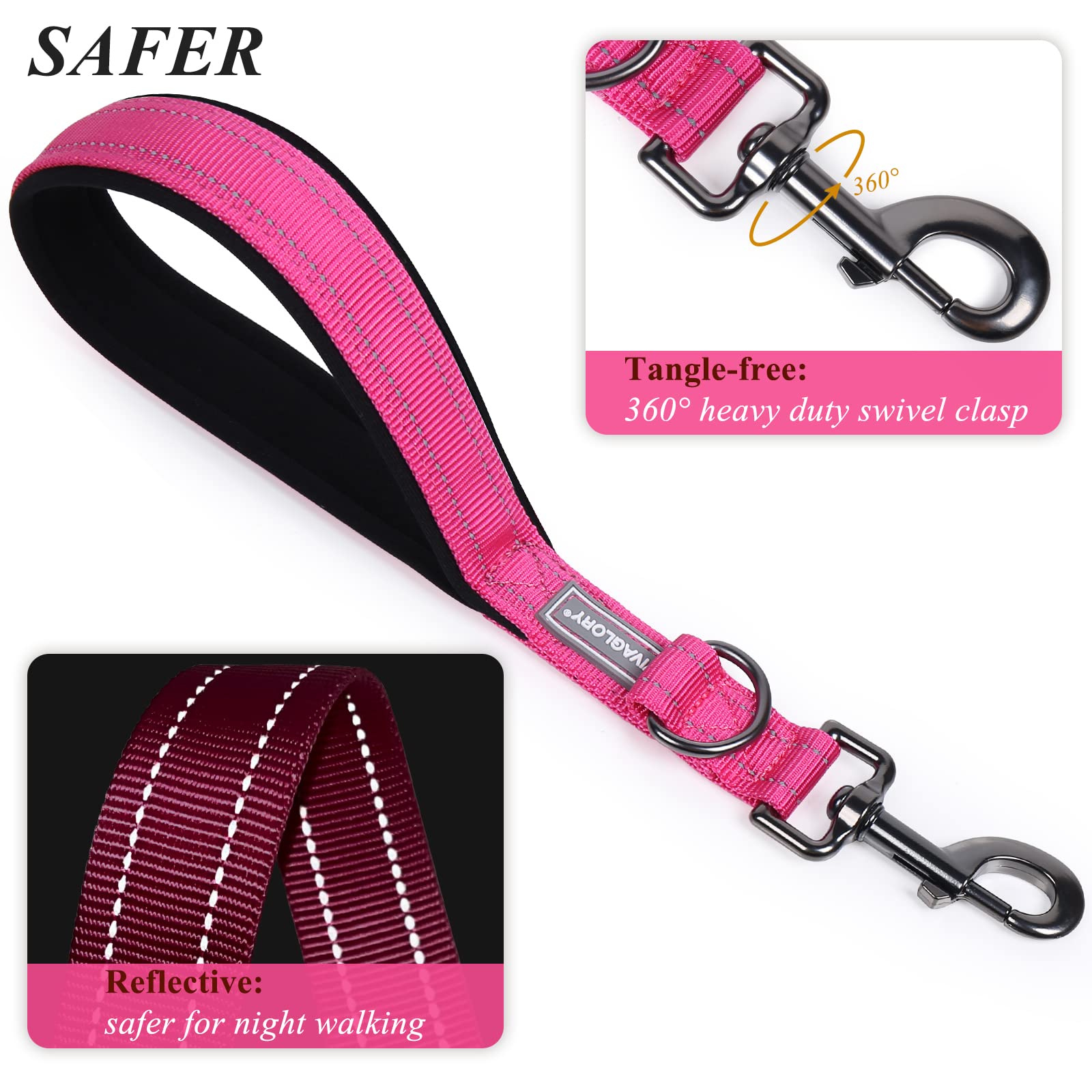 Vivaglory Short Dog Leash For Medium & Large Dogs, 12Inch, Pink
