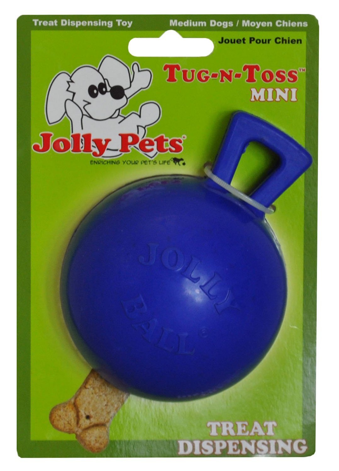 Jolly Pets Tug-N-Toss Heavy Duty Dog Toy Ball With Handle, 3 Inches/Mini, Blue, Model:403 Bl
