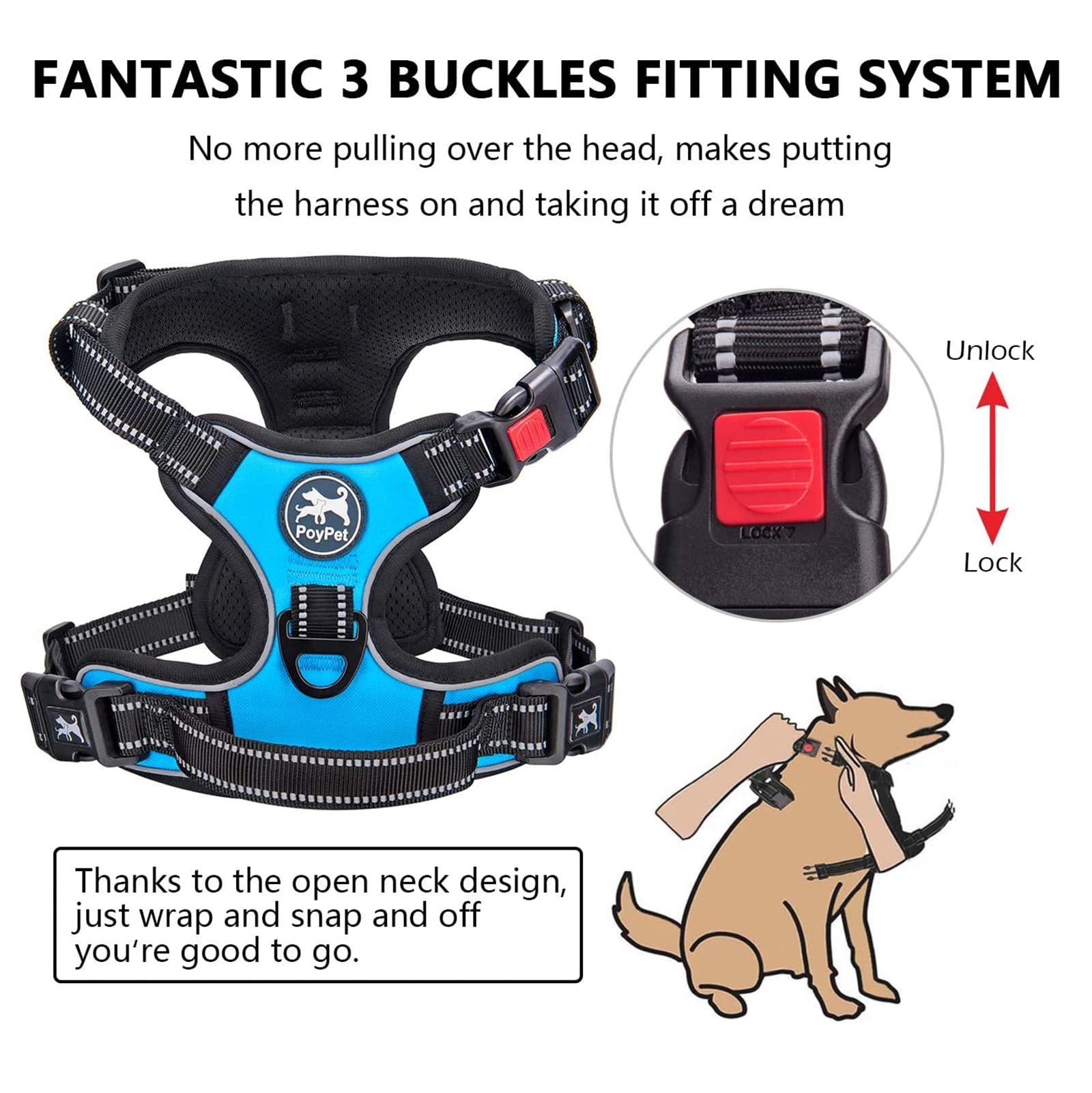 Poypet No Pull Dog Harness, No Choke Front Clip Dog Reflective Harness, Adjustable Soft Padded Pet Vest With Easy Control Handle For Small To Large Dogs(Blue,M)