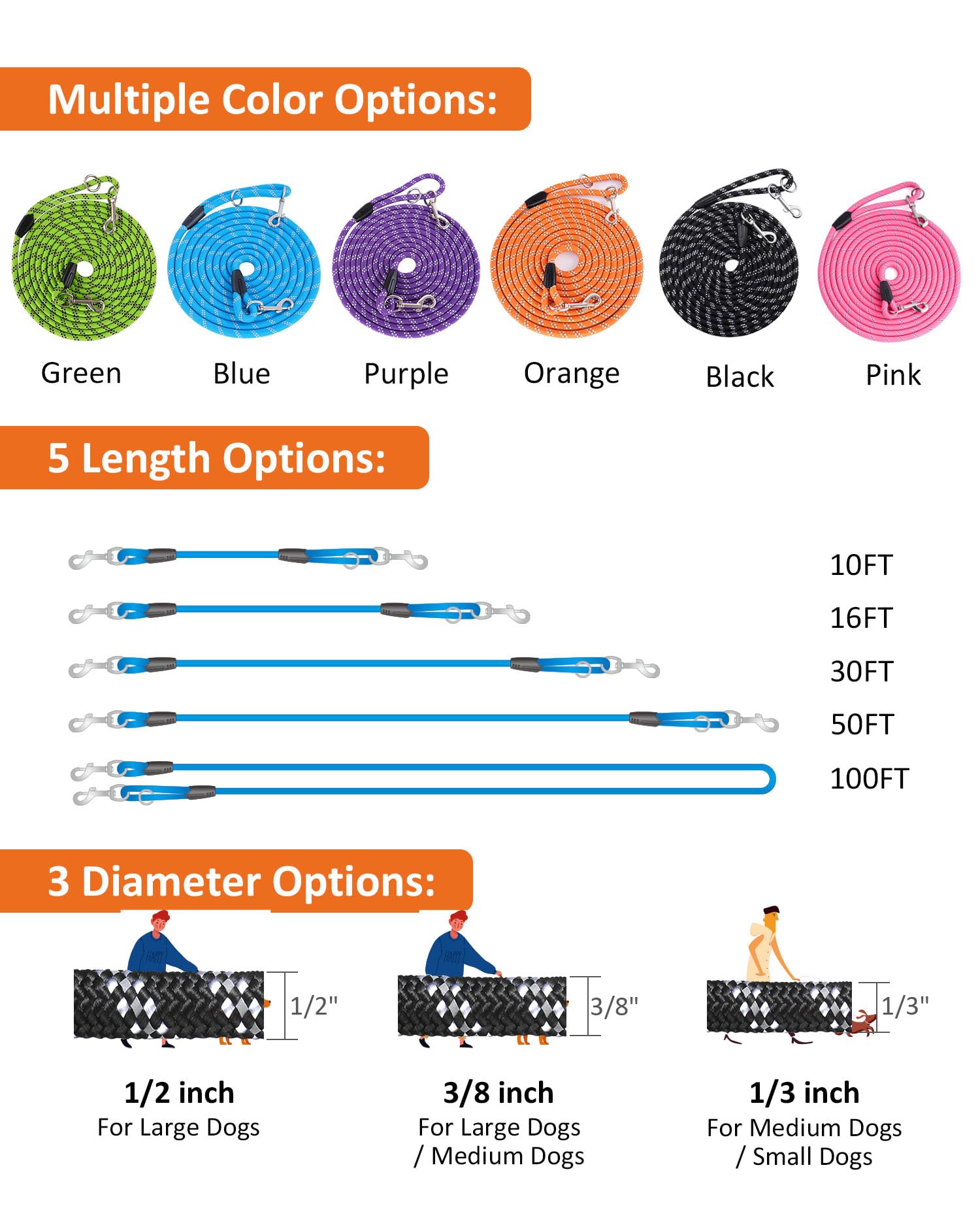 2 Pack Orange&Green 20Ft Long Dog Leashes That Pull,Heavy Duty Dog Lead For Large Medium Small Dogs Outside Walking, Playing, Ca