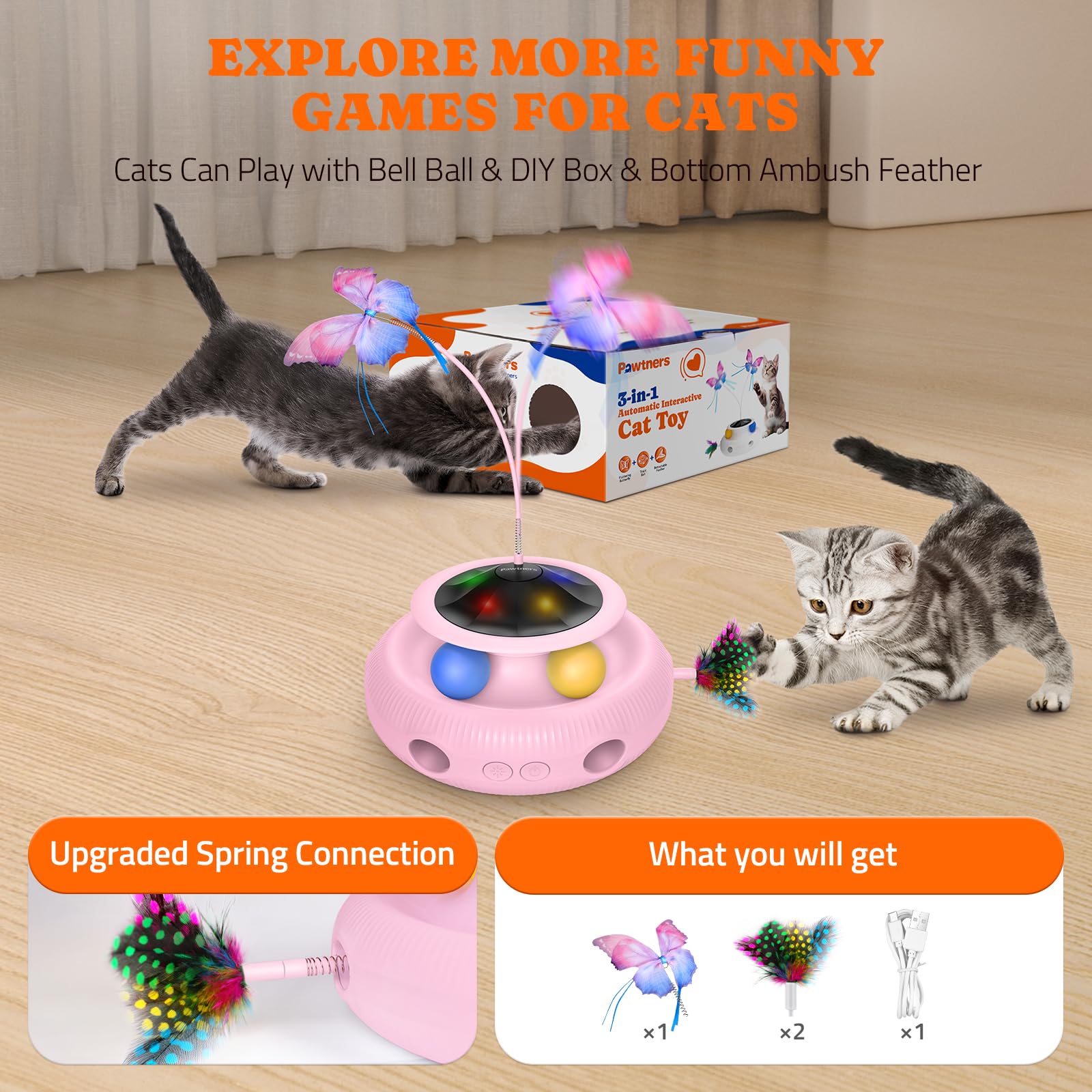 Interactive Cat Toy: 3 In 1 Automatic Cat Toy For Indoor Cats, Electric Kitten Toy With Rechargeable Battery, Self Play Kitty To