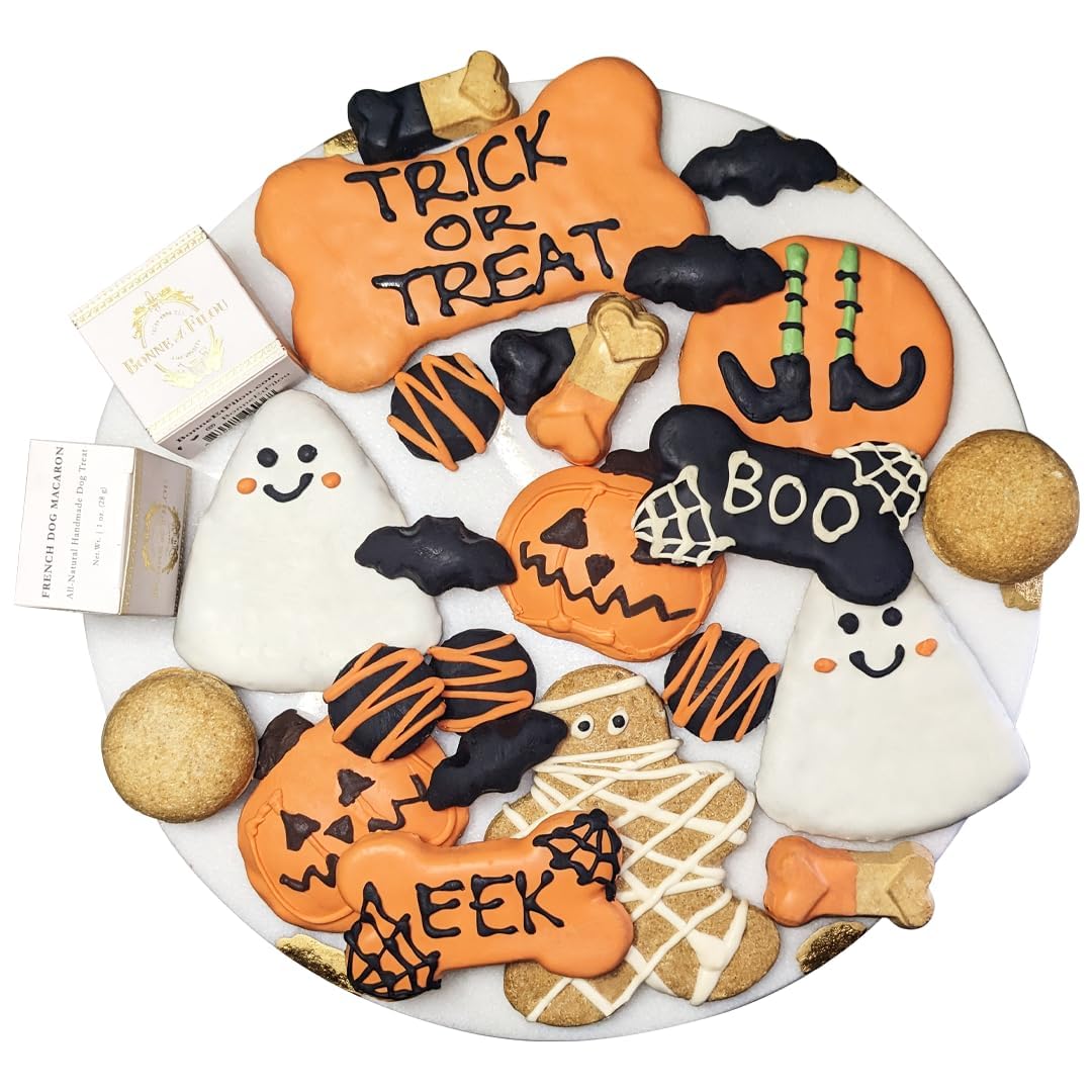 Bonne et Filou Halloween Dog Treats Gift Box Human Grade Gourmet Dog Treats 23 Luxury Spooky Dog Treats Delights with Macarons, 