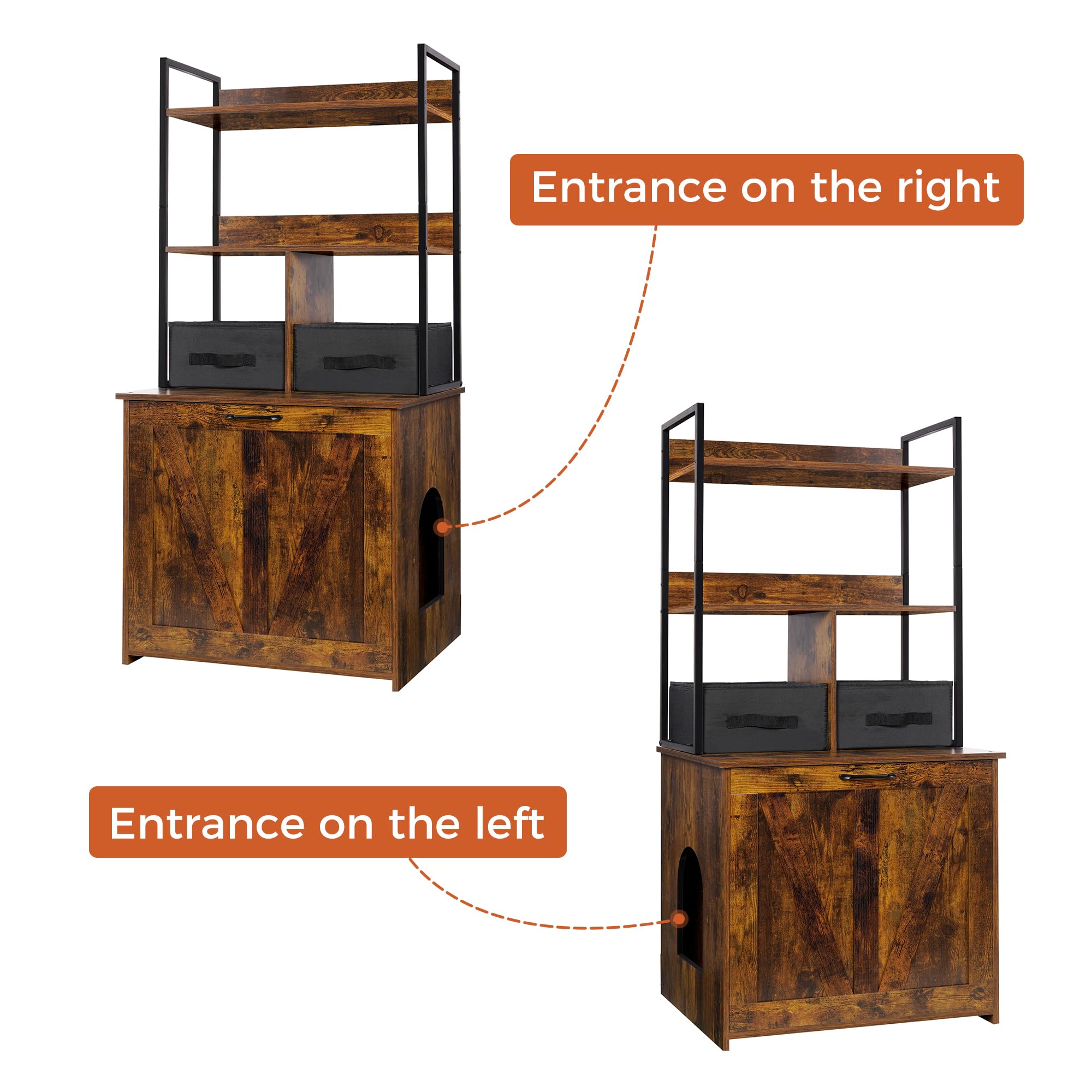 Dwanton Cat Litter Box Enclosure, 50-Inch Rustic Brown, 2 Storage Shelves & Drawers, Particleboard & Steel, Reversible Entrance