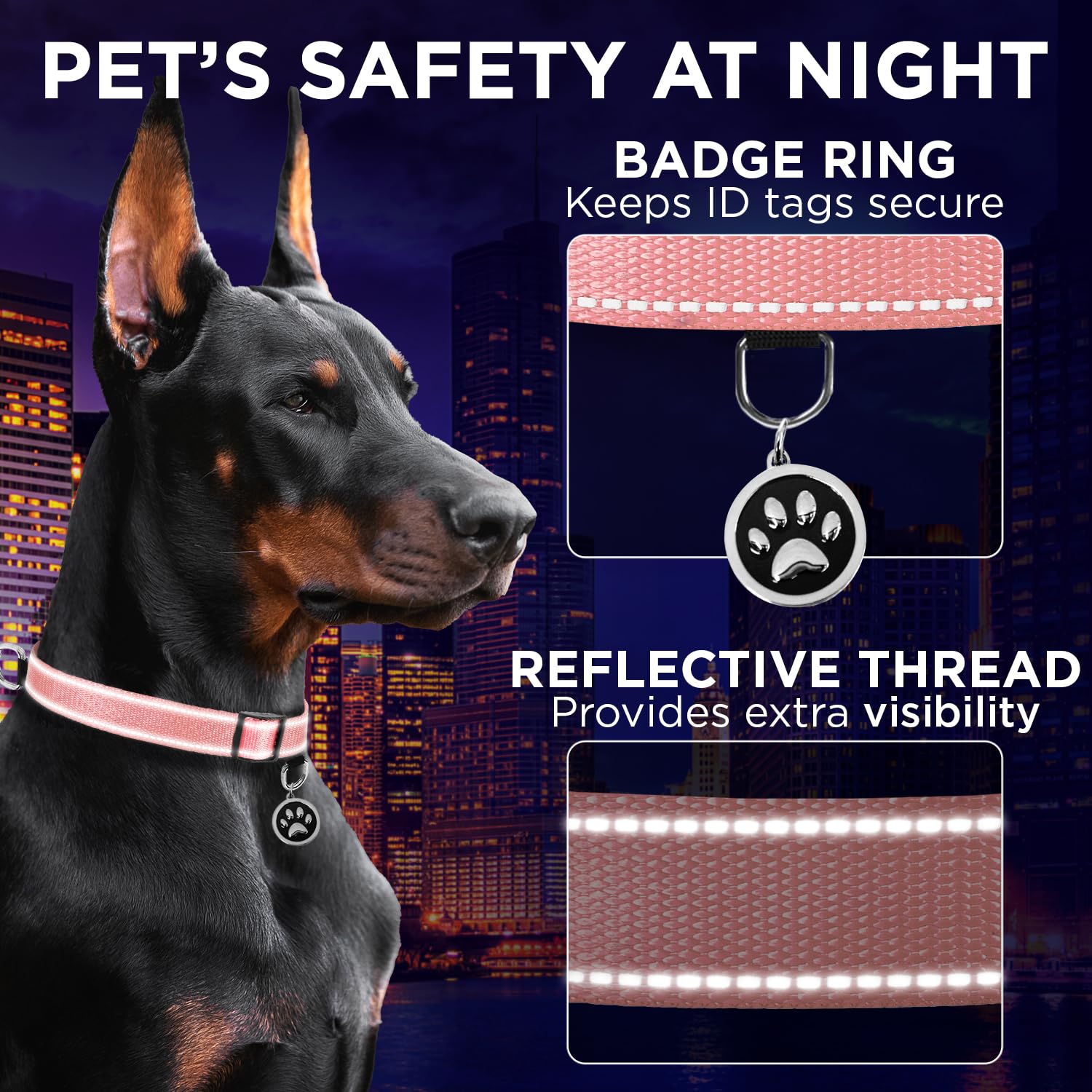 Teceum Reflective Pet Collar - Pink - M - Extra Soft Padding - Basic Nylon Dog Collar - Quick Release Buckle - Fits Small, Mediu