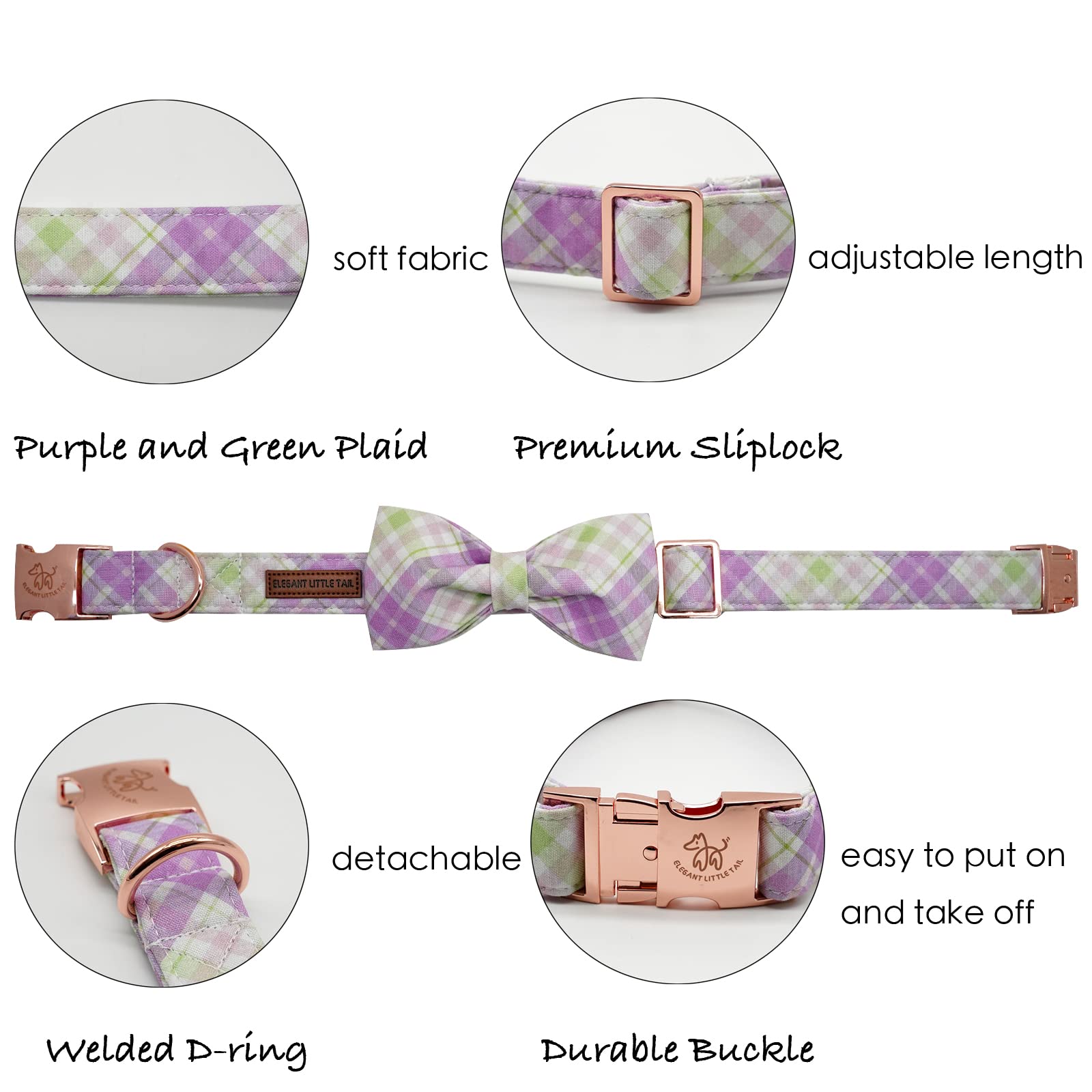 Elegant Little Tail Plaid Dog Collar With Cute Bowtie For Small To Large Dogs