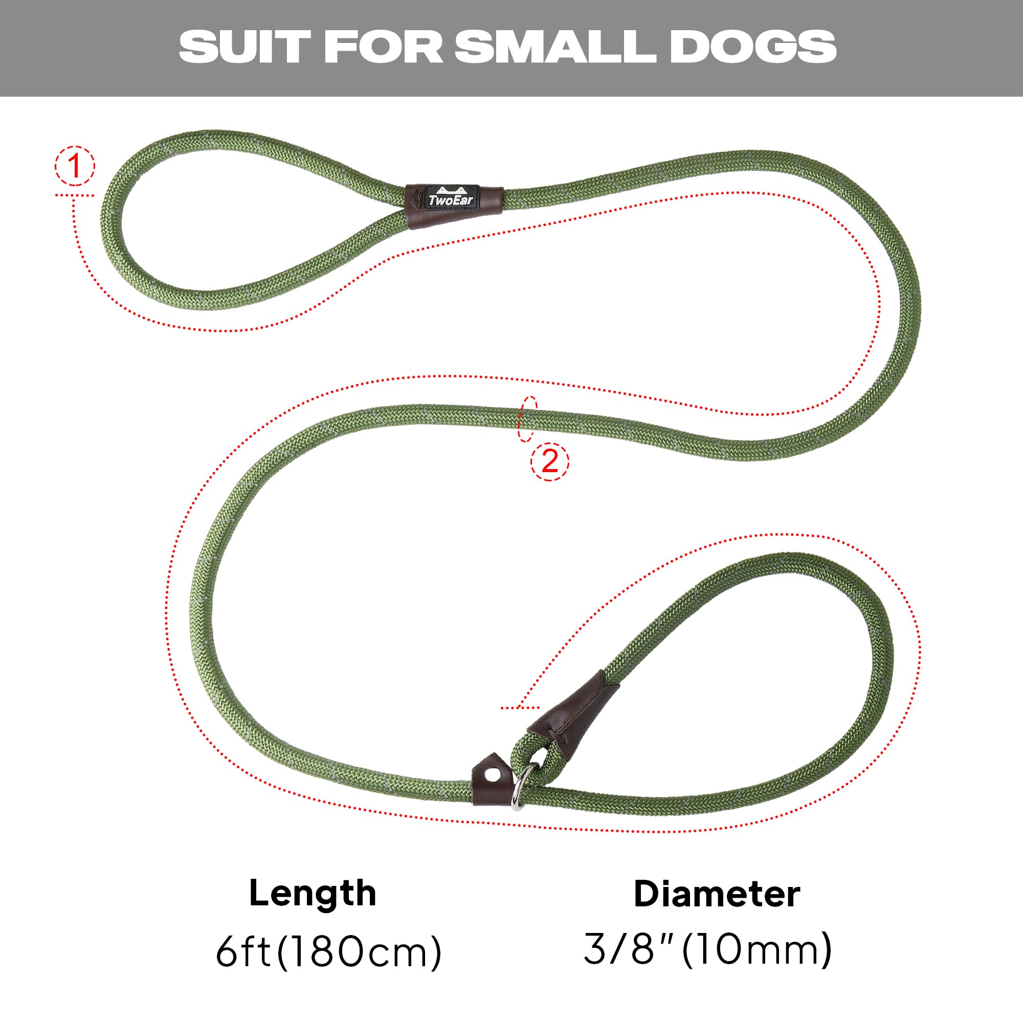 Twoear Dog Leash Dog Slip Rope Leash 6Ft Dog Training Leash Heavy Duty Strong Slip Lead Highly Reflective Threads For Small Medium And Large Dogs (Slim(3/8''X6Ft), Green)