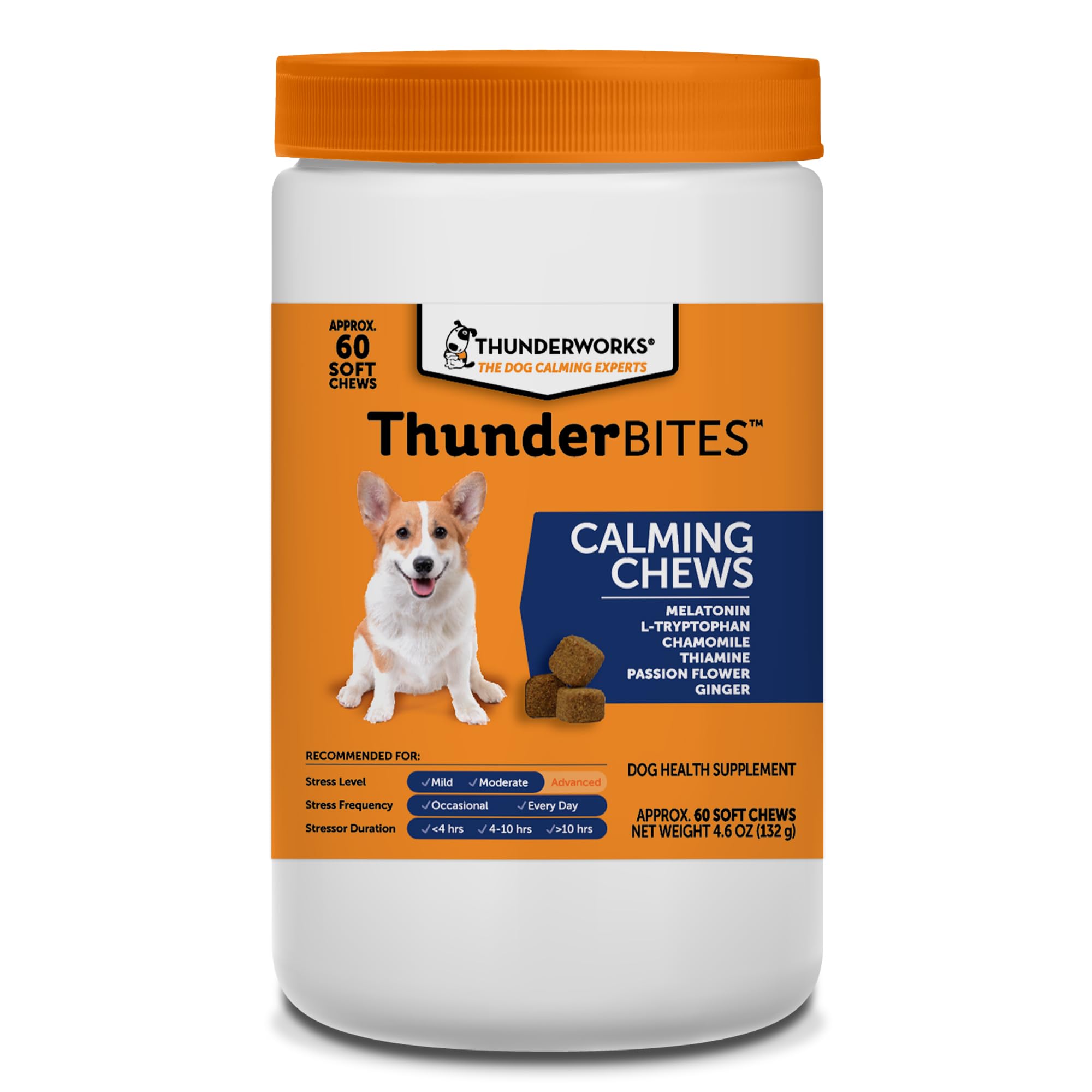 ThunderBites Dog Calming Chews, Thiamine, L-Tryptophan, Melatonin and Ginger, Can Help Relieve Stress from Separation, Storms, F