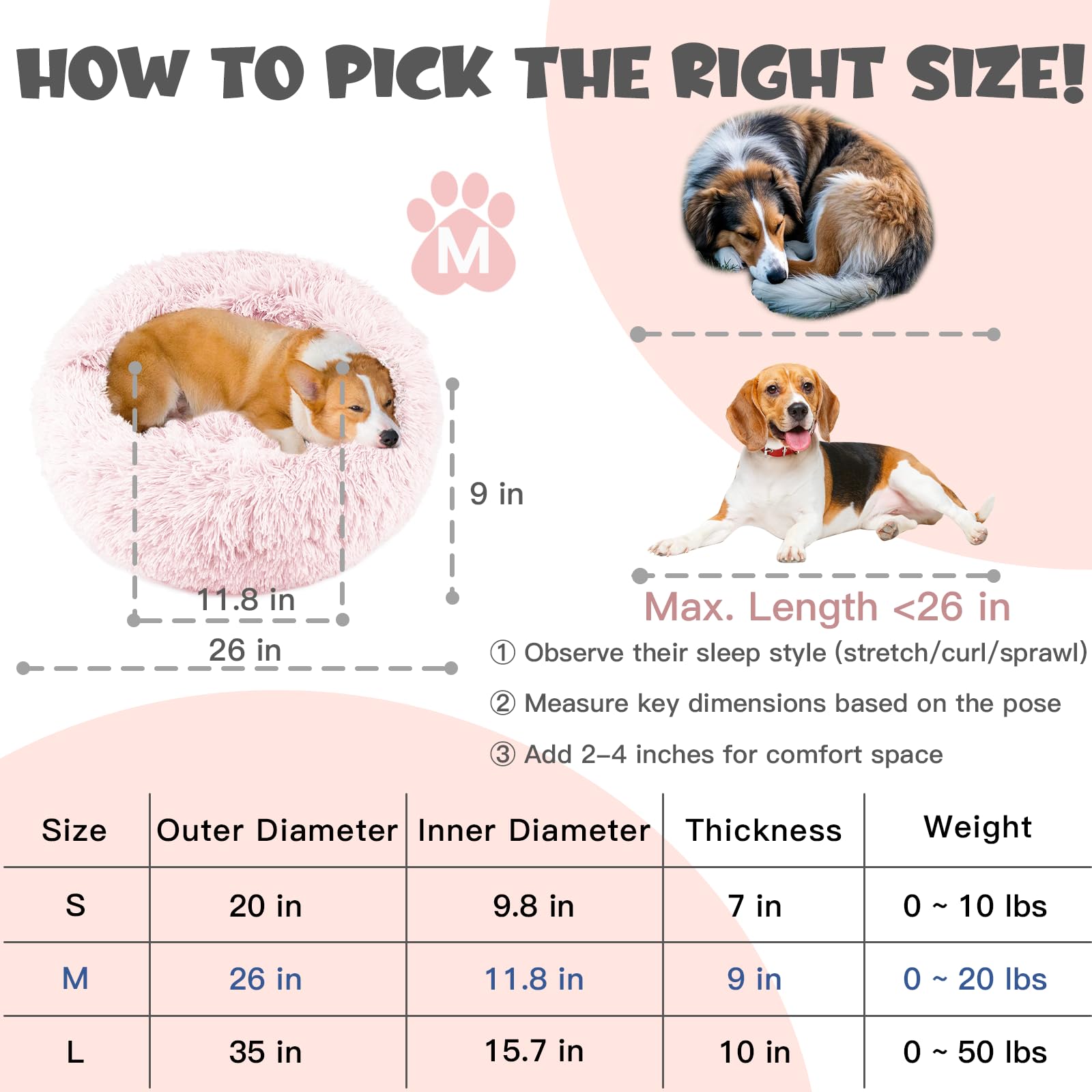 Himax Calming Anti-Anxiety Dog Bed For Medium Dogs With Attached Blanket - Pink, Fluffy, Washable (20/26/35)
