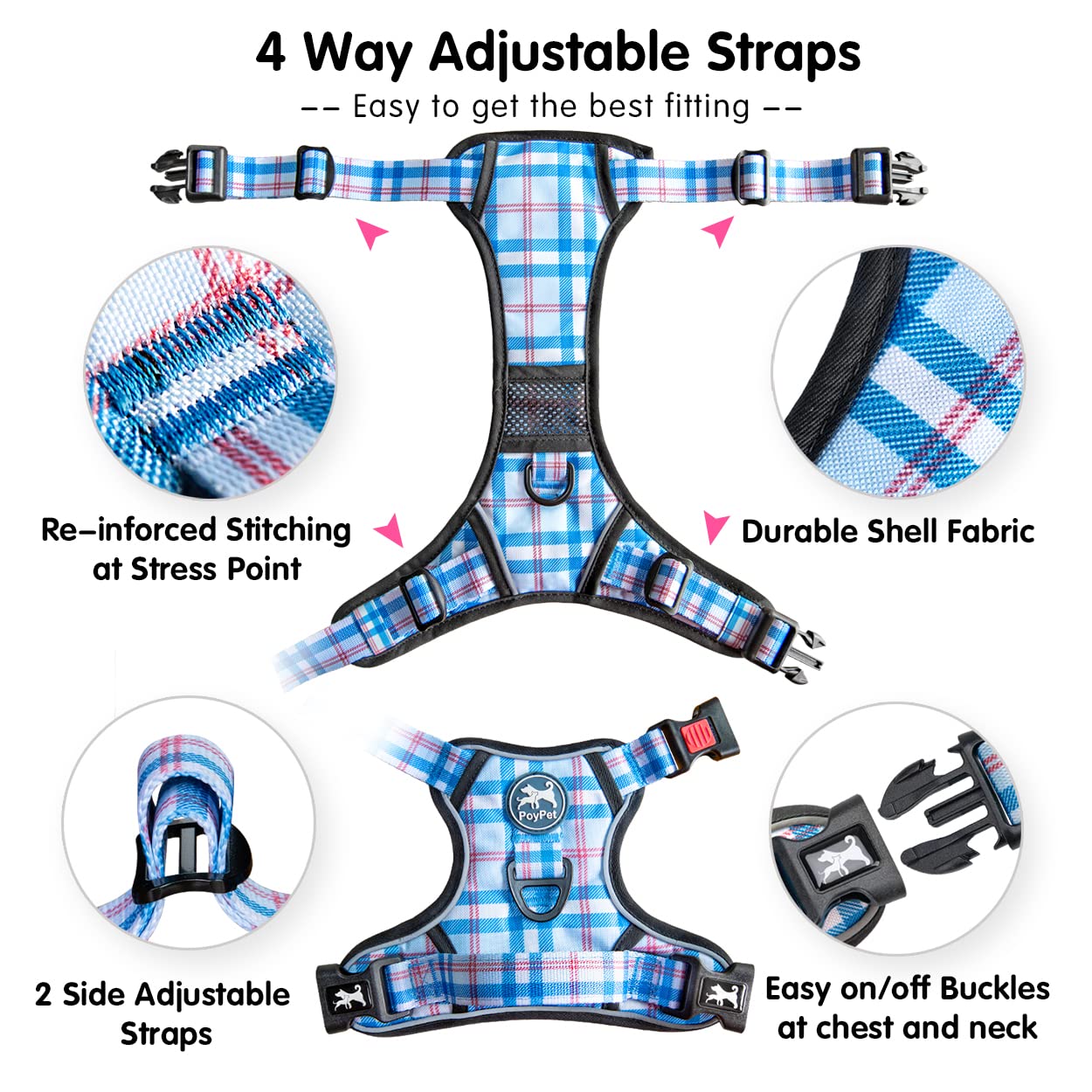 Poypet No Pull Dog Harness, [Release At Neck] Reflective Adjustable No Choke Pet Vest With Front & Back 2 Leash Attachments (Che