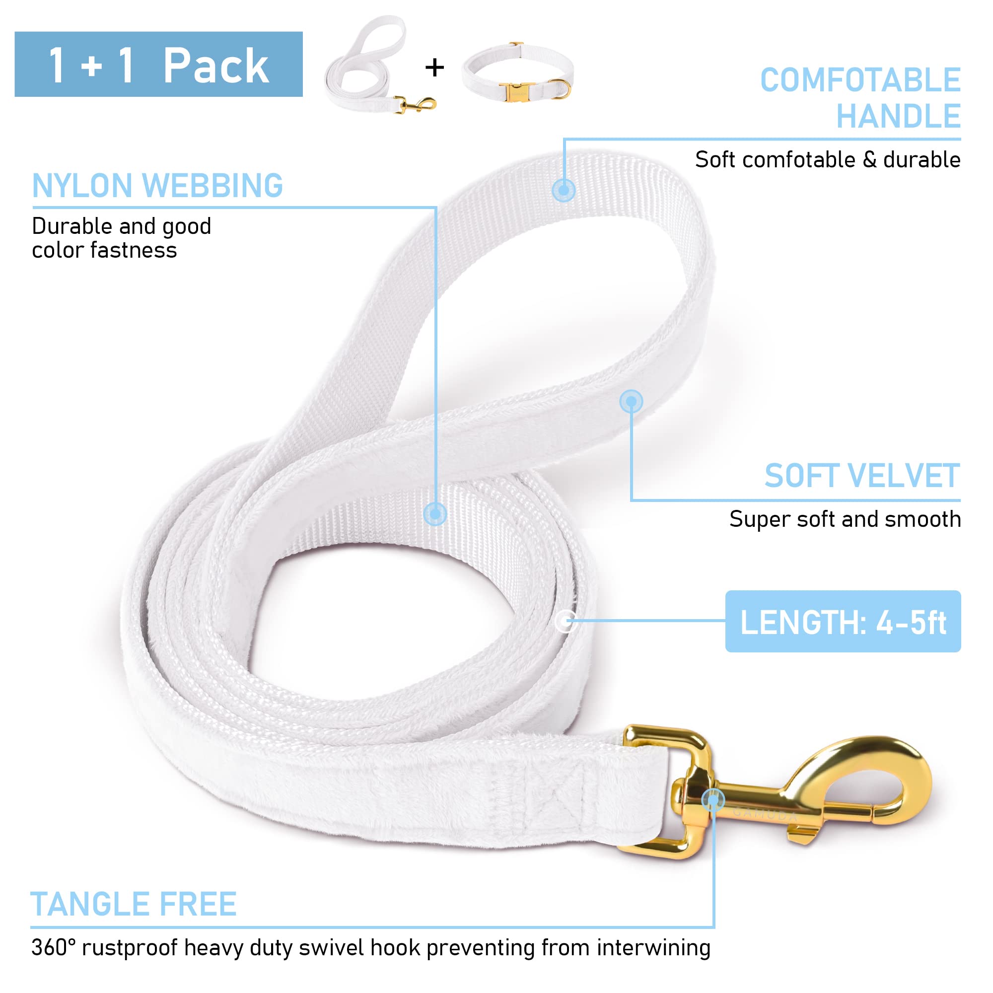 GAMUDA Velvet Dog Collar and Leash, Super Soft and Smooth, Heavy Duty Gold Buckle, Comfortable and Easy to Clean, Adjustable Col