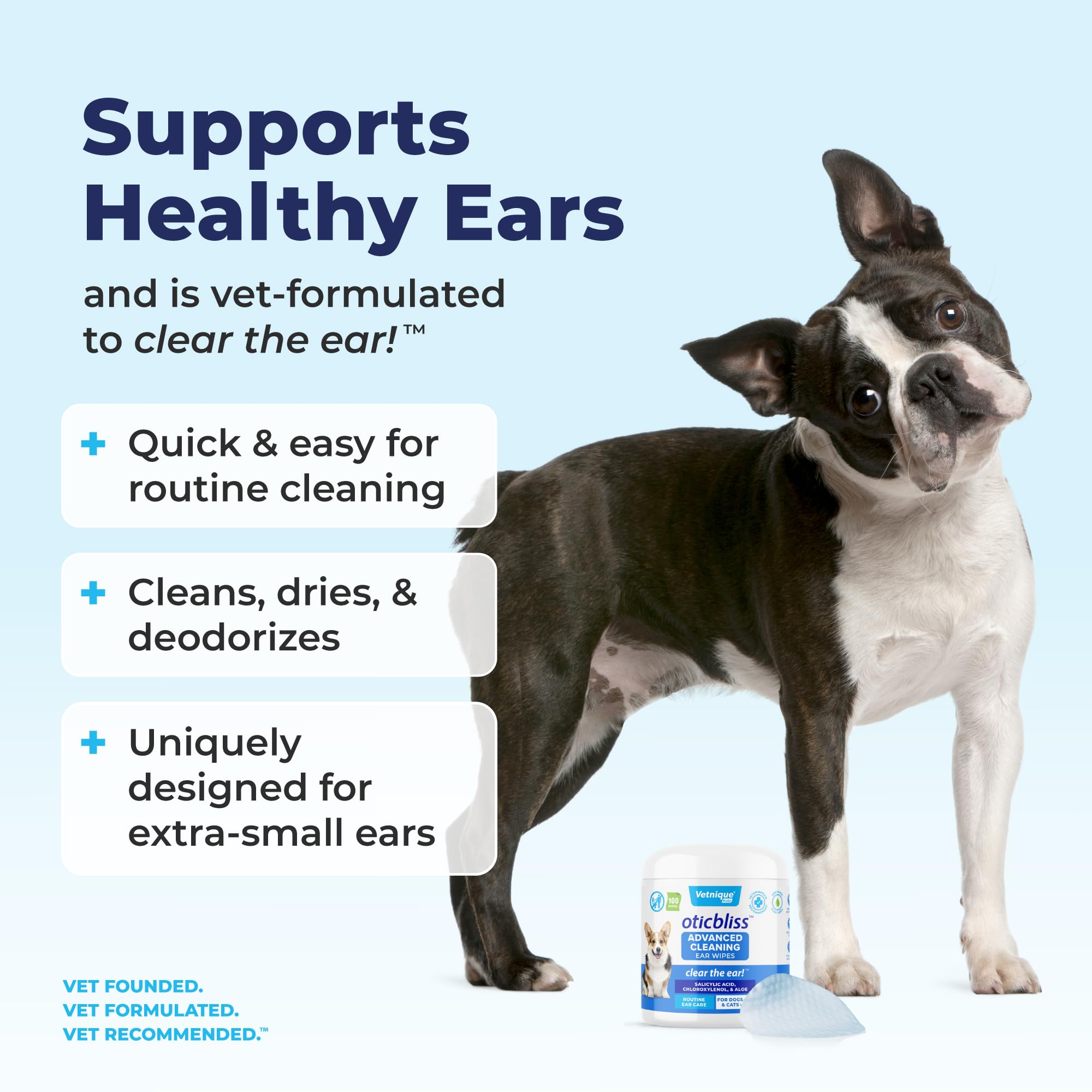 VETNIQUE Oticbliss Advanced Cleaning Ear Wipes for Dogs & Cats for Odor Control, Dirt and Wax Removal with Soothing Aloe Vera, D