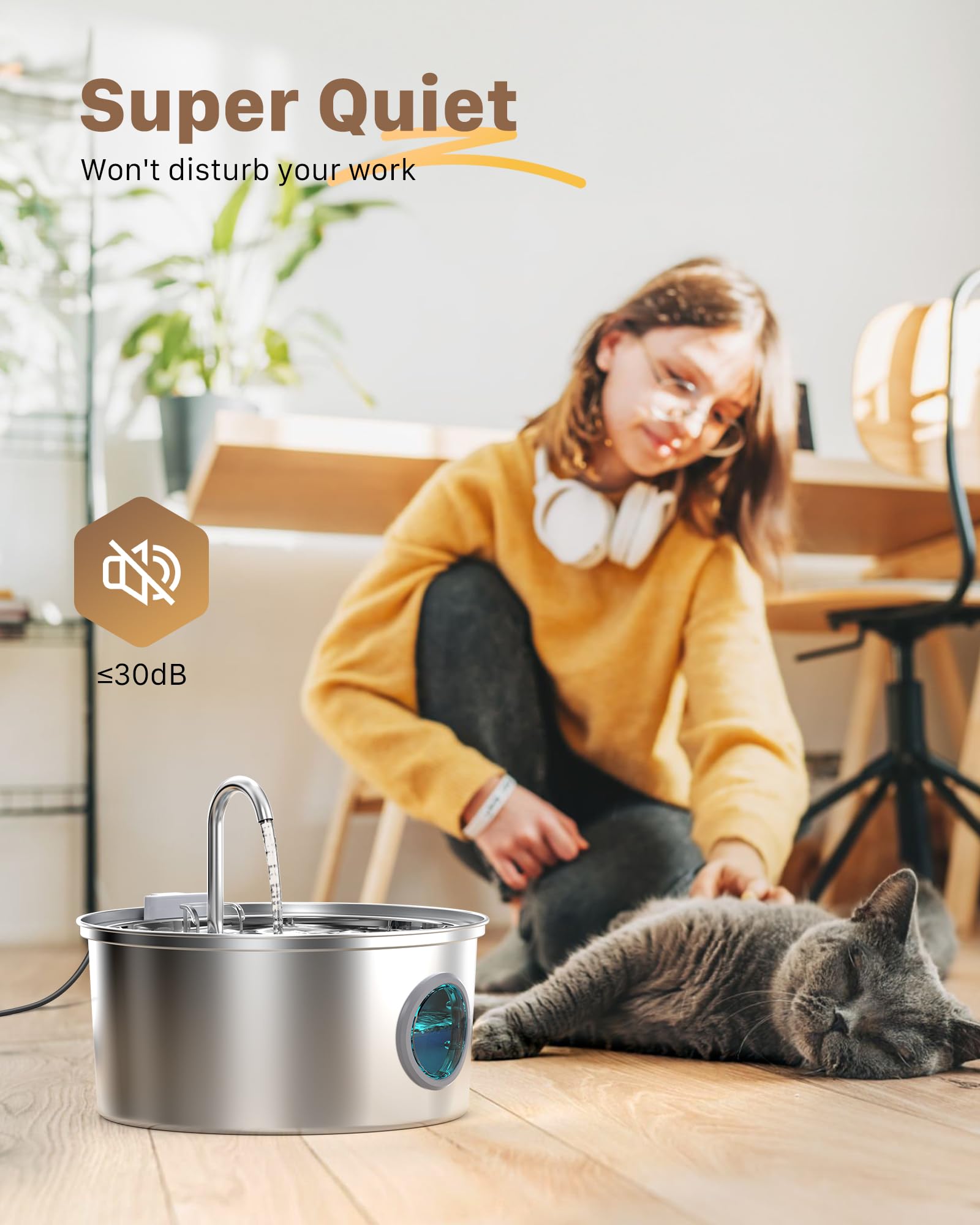 Cat Fountains for Drinking Stainless Steel: 108oz/3.2L Cat Water Fountain Led Light - Running Pet Water Fountain Filtered - GIOT