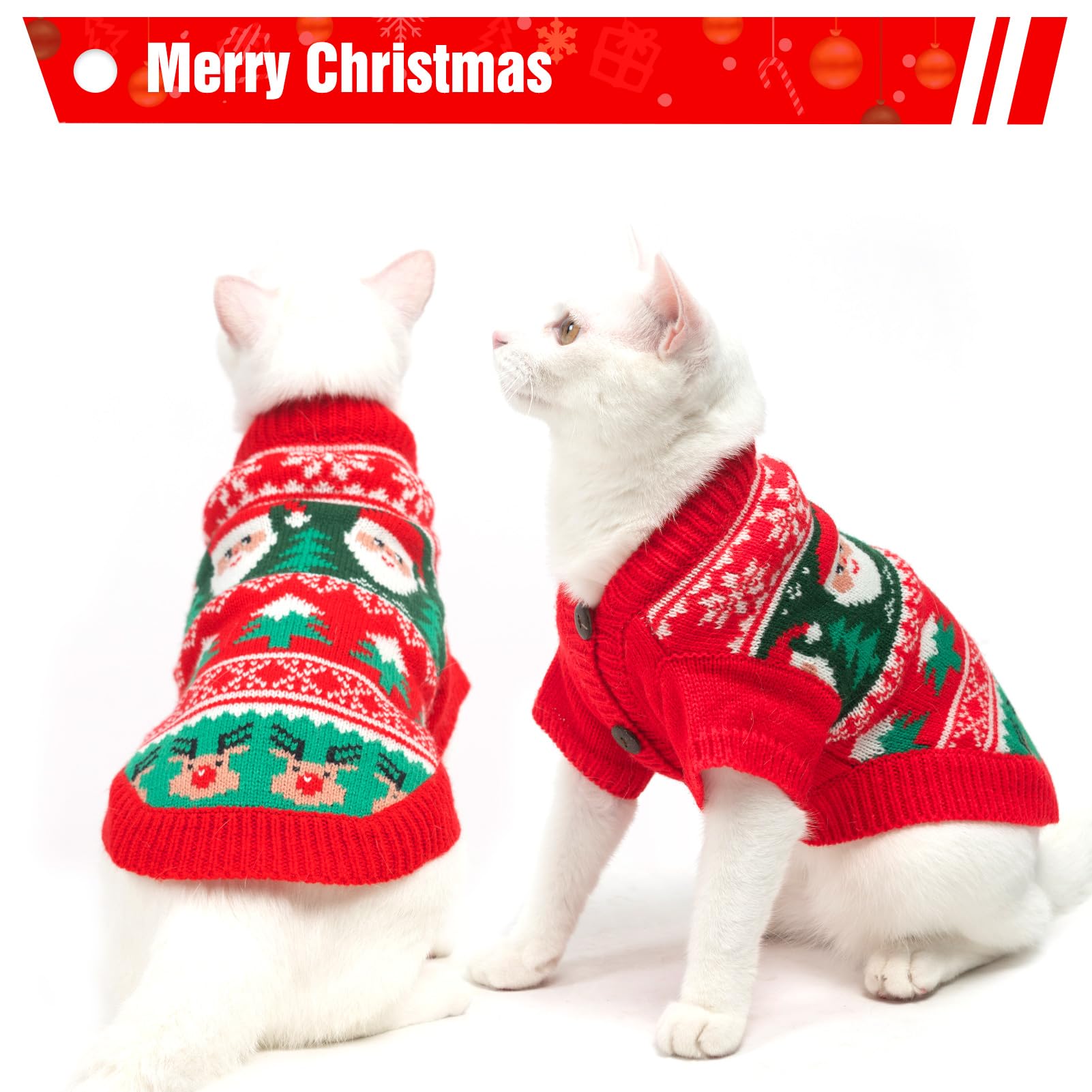 Expawlorer Cat Christmas Sweater - Stylish Knitted Outfit, Soft Clothes For Cats, Xmas Sweater With Sleeve Warm Apparel, Kitten