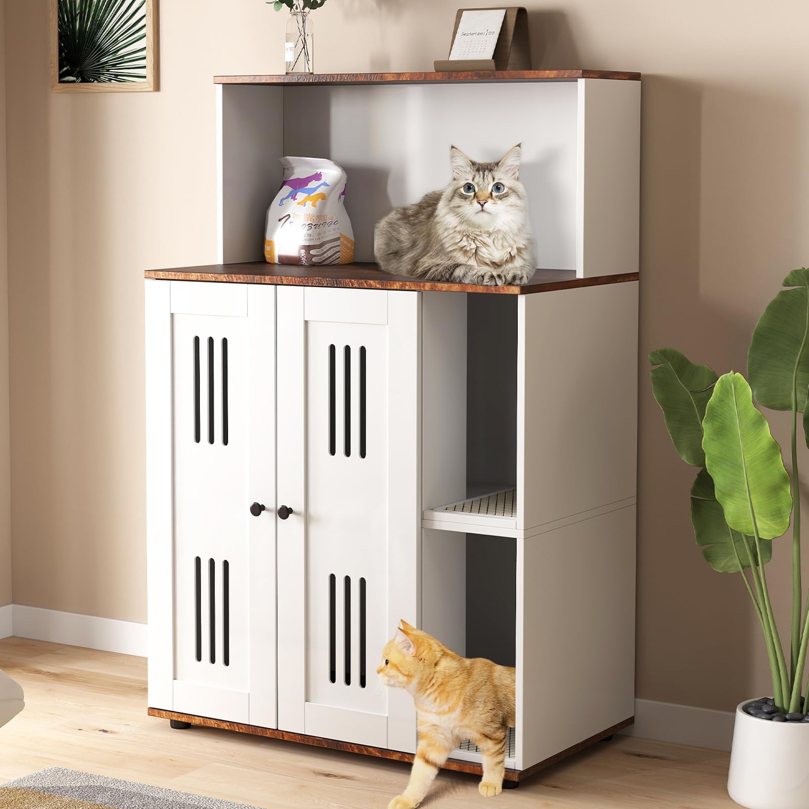 Yafylly Double Litter Box Enclosure, Litterbox Furniture with Scratch Mat, XL Double Cat Litter Box Enclosure for 2 Cats, Fit Mo