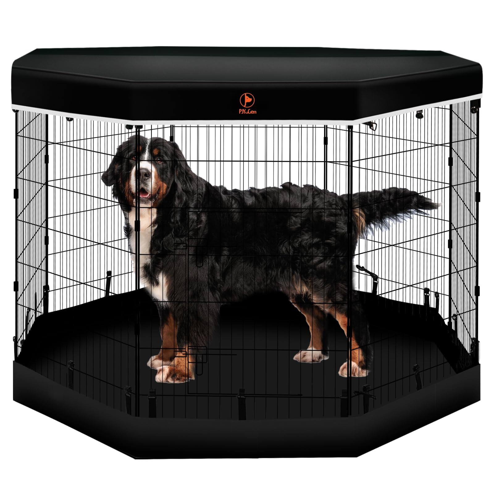 Pjyucien Dog Playpen - 8 Panels 42 Inchh Metal Foldable Exercise Pen, Pet Fence Puppy Crate Kennel Indoor Outdoor With Top Cover & Bottom Pad For Medium Large Pets Black…