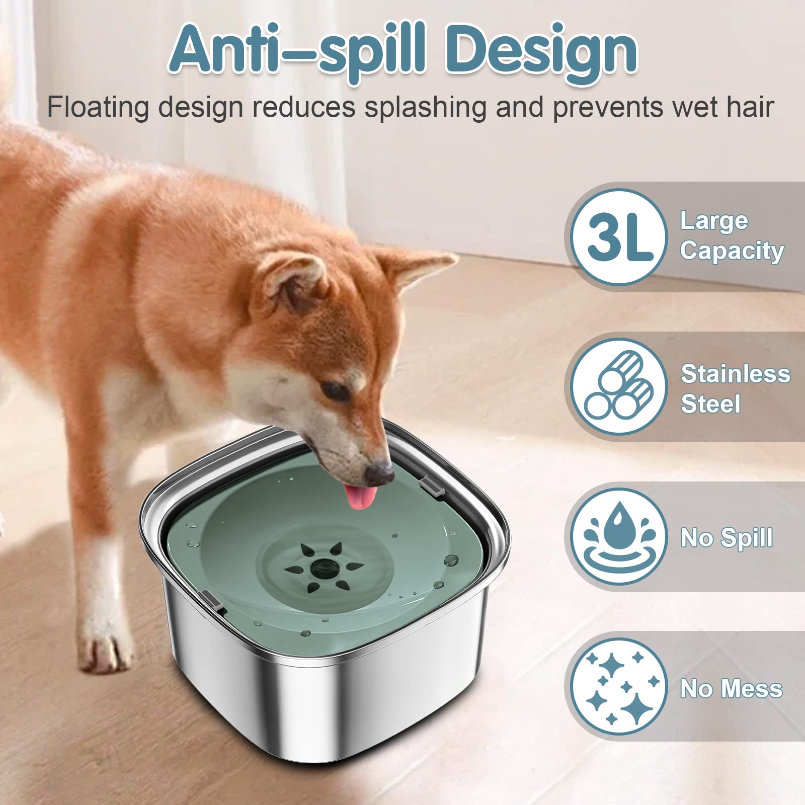 UPSKY 3L Dog Water Bowl 101oz Stainless Steel Dog Bowl No Spill Large Capacity Dog Food Water Bowl Slow Water Feeder, Spill Proo