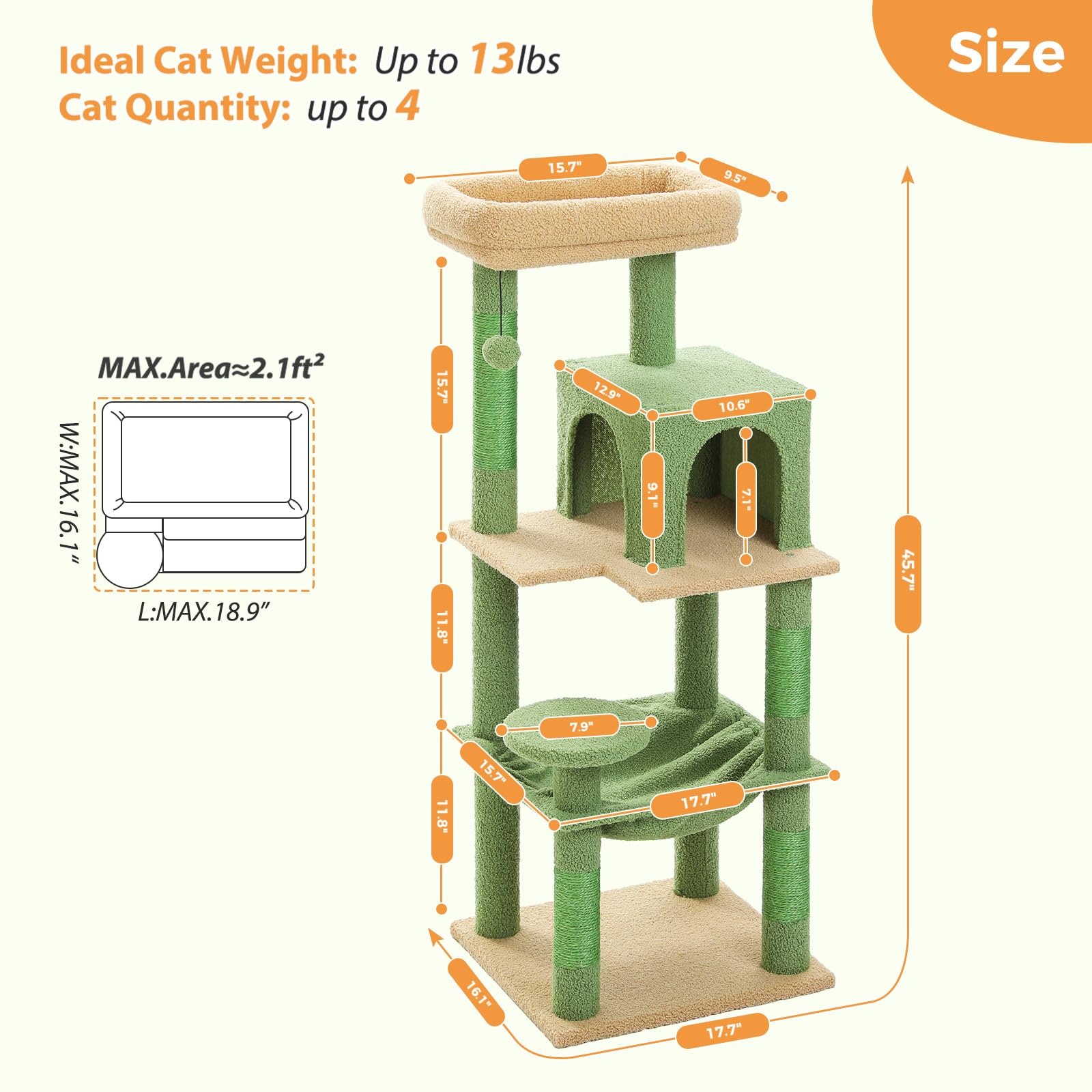 Pequlti 45.7'' Cactus Cat Tree For Indoor Cats With Metal Frame Big Hammock, Cat Tower For Small Or Medium Cats With Cat Condo H