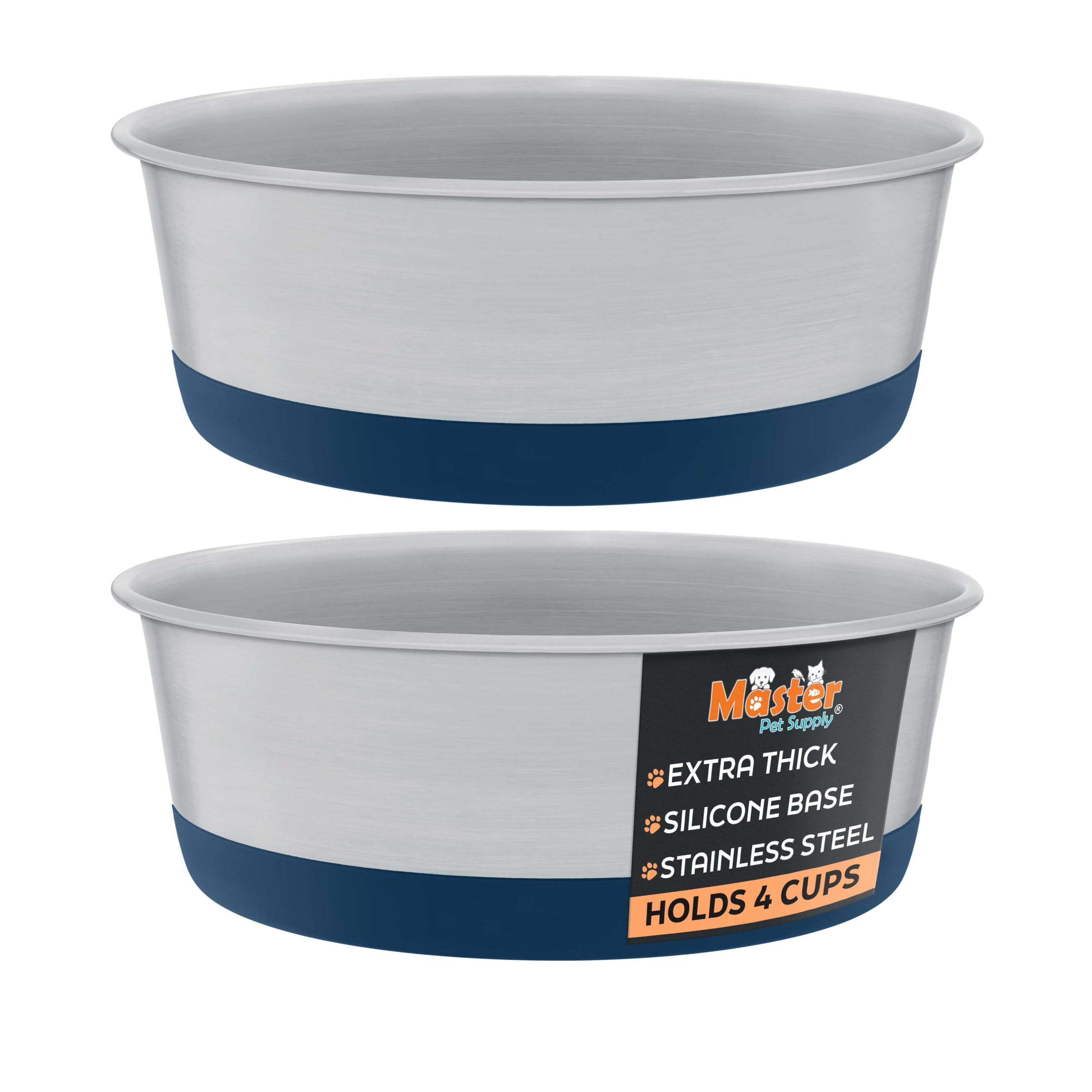 Master Pet Supply Stainless Steel Dog Bowls Set of 2 with Extra Thick Silicone Base - 4 Cup (32 oz) Navy Blue, Non-Slip, Dishwas