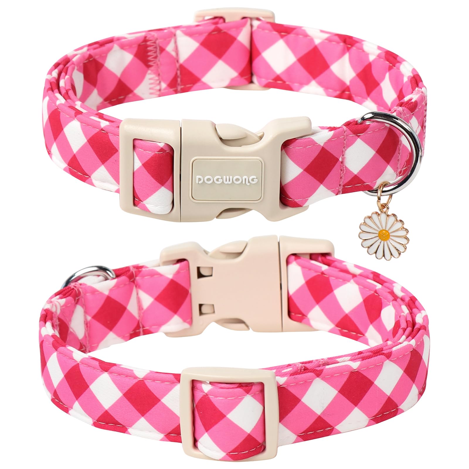 Dogwong Pink Plaid Dog Collar, Pink Dog Collar Adjustable Soft Natural Fabric Girl Pet Dog Collars Cute Puppy Necklace For Small