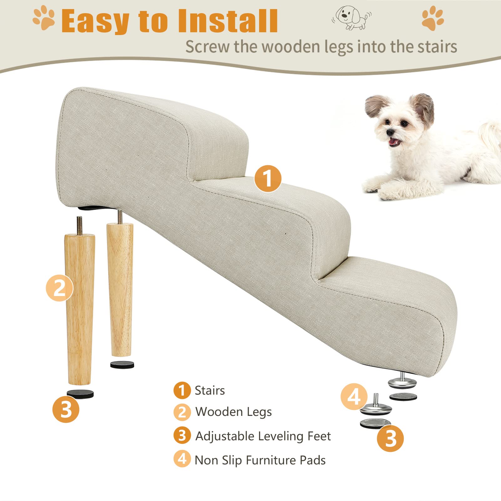 Senneny Imitation Linen Faux Leather Dog Stairs, For Pets Up To 150 Lbs, Waterproof, Scratch Resistant Pet Steps/Stairs With Hig