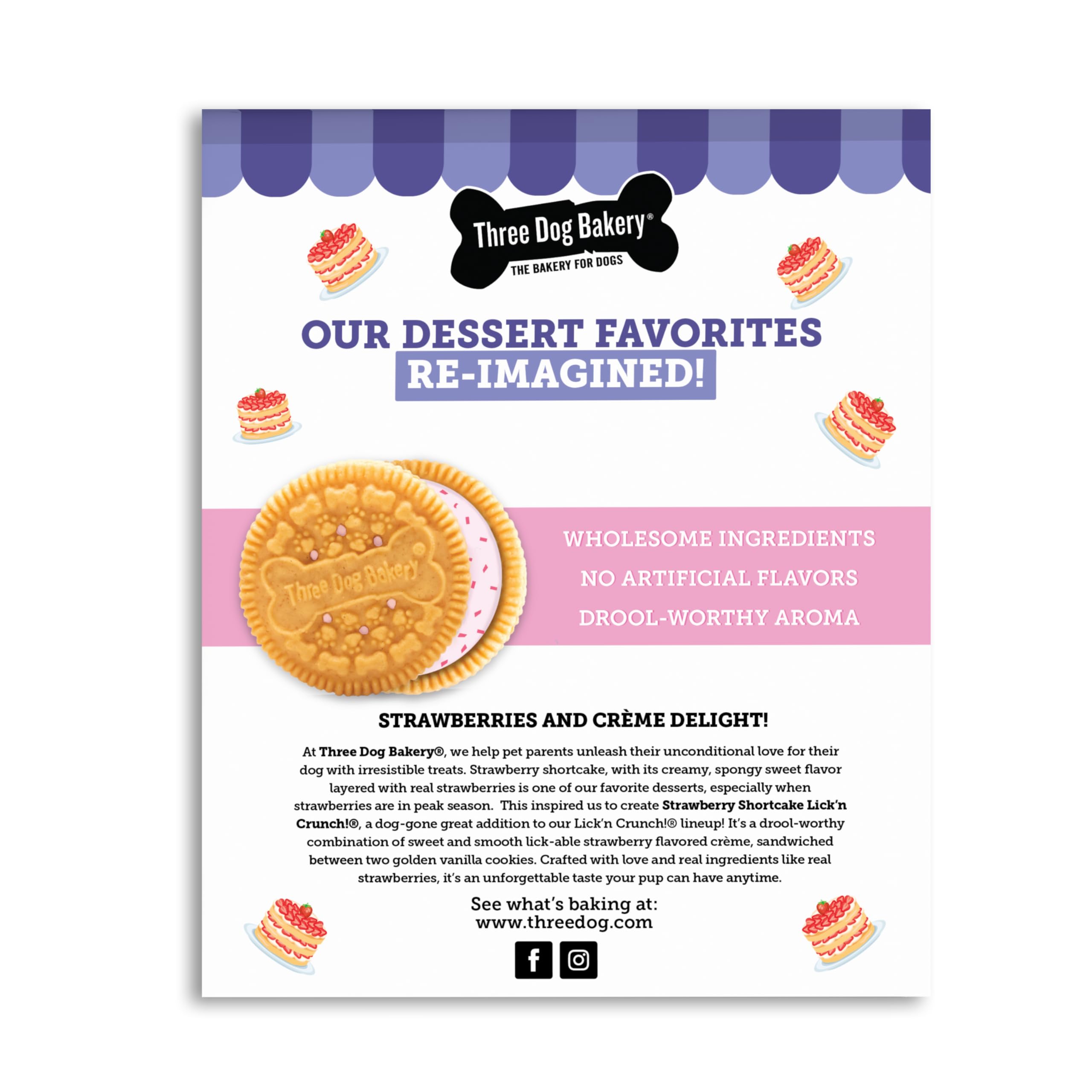Three Dog Bakery Strawberry Shortcake Lickn Crunch! Sandwich - Puppy Cookies with Lickable Strawberry Cr  me, Bakery Treats, Do