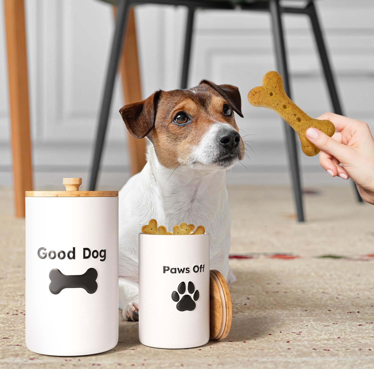 Dog Treat Container Airtight Set of 2 - 9x5 & 7x4 inch Ceramic Dog Treat Jars for Kitchen Counter with Airtight Lids - 11 Cup Ca