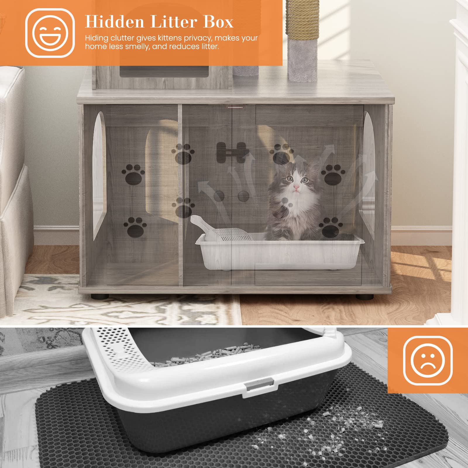 Dklgg Cat Tree With Cat Litter Box Enclosure, Hidden Washroom Furniture With Divider, Large Wooden Cat House With Cat Tree Condo