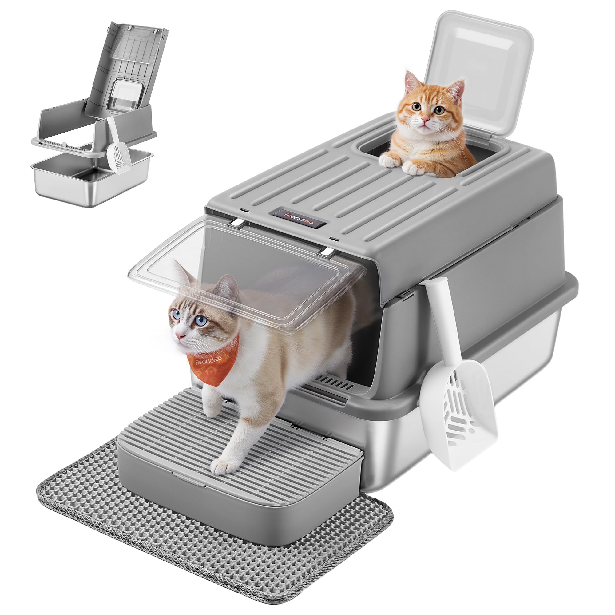 Feandrea Stainless Steel Cat Litter Box with Flip Lid, Litter Catcher Mat and Box, 2 Doors, Scoop, for Cats up to 33 lb, Dove Gr