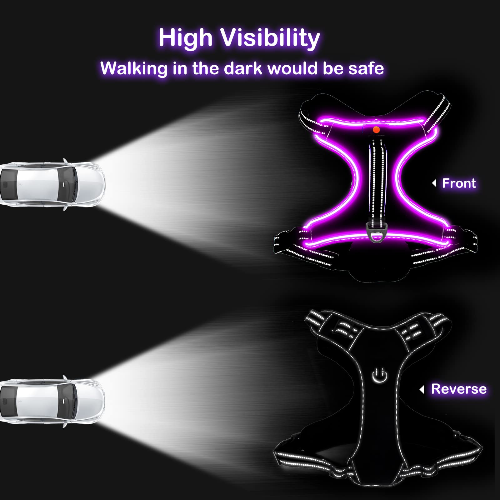 Light Up Dog Harness No Pull Led Dog Harness With Handle Vizbrite Rechargeable Lighted Dog Vest Harness For Small/Medium/Large/X-Large Size Dogs No Pull, 4 Point Adjustable Dog Harness