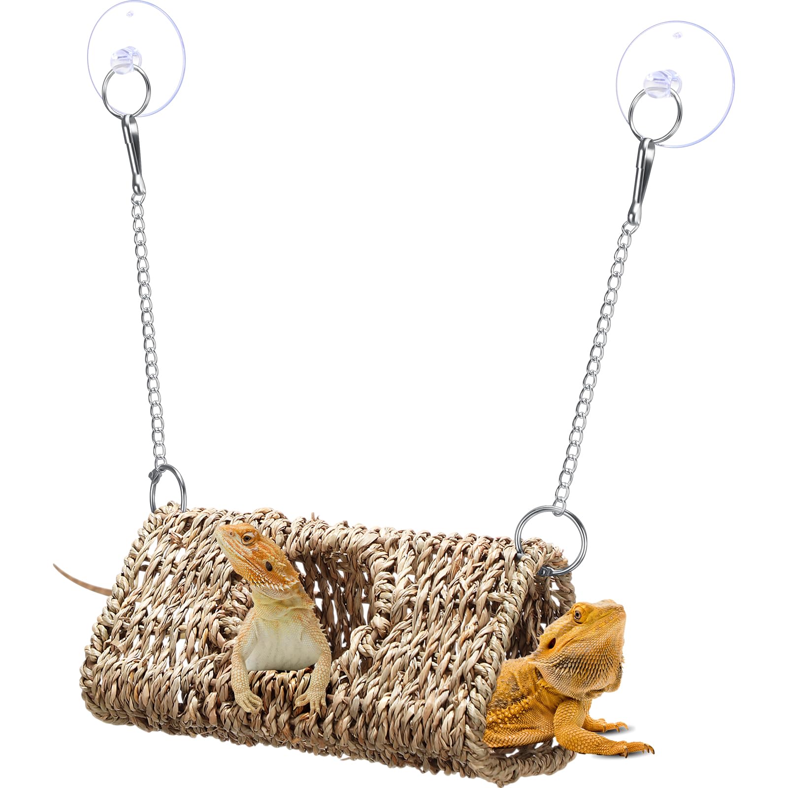 CroBlissful Reptile Hide Cave Hollow Cave Hideout with 2 Pcs Suction Cup and Chains Gecko Hide Reptile Tank Decor Seagrass Fiber