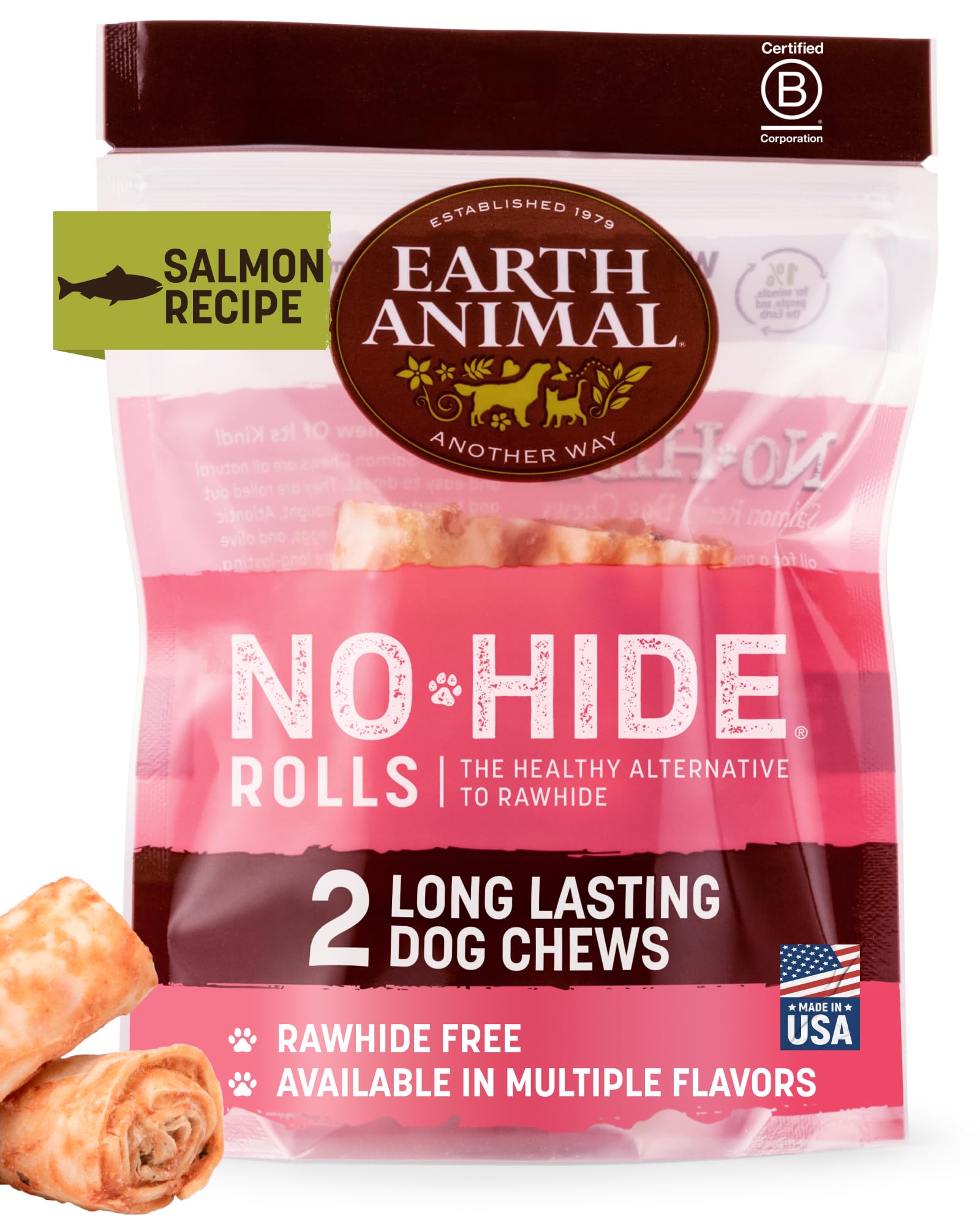 Earth Animal No Hide Small Long Lasting Dog Chew Rolls, Salmon - 2 Count