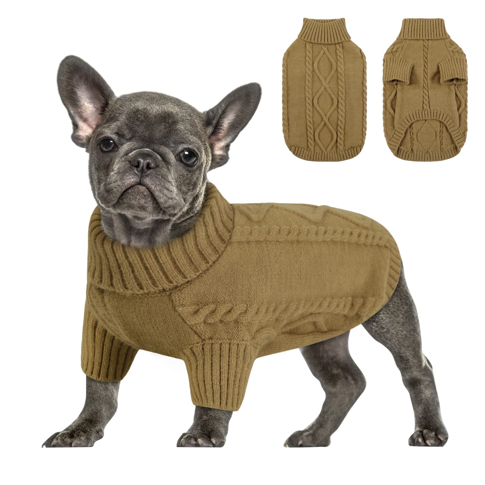 Queenmore Small Dog Pullover Sweater, Cold Weather Cable Knitwear, Classic Turtleneck Thick Warm Clothes For Chihuahua, Bulldog, Dachshund, Pug (Light Brown, X-Large)