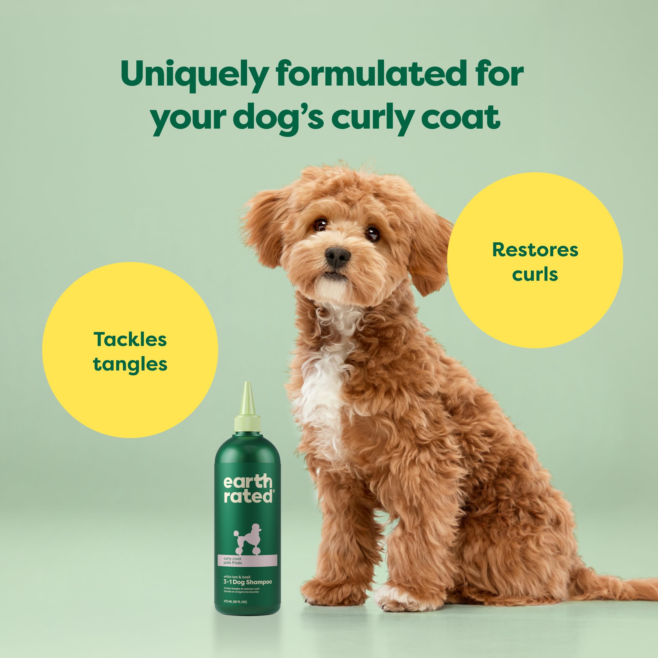 Earth Rated 3-In-1 Dog Shampoo, Conditioner And Deodorizer, For Curly-Coated Dogs And Puppies To Tackle Tangles And Restore Curls, Refreshing White Tea And Basil Scent, 16 Oz