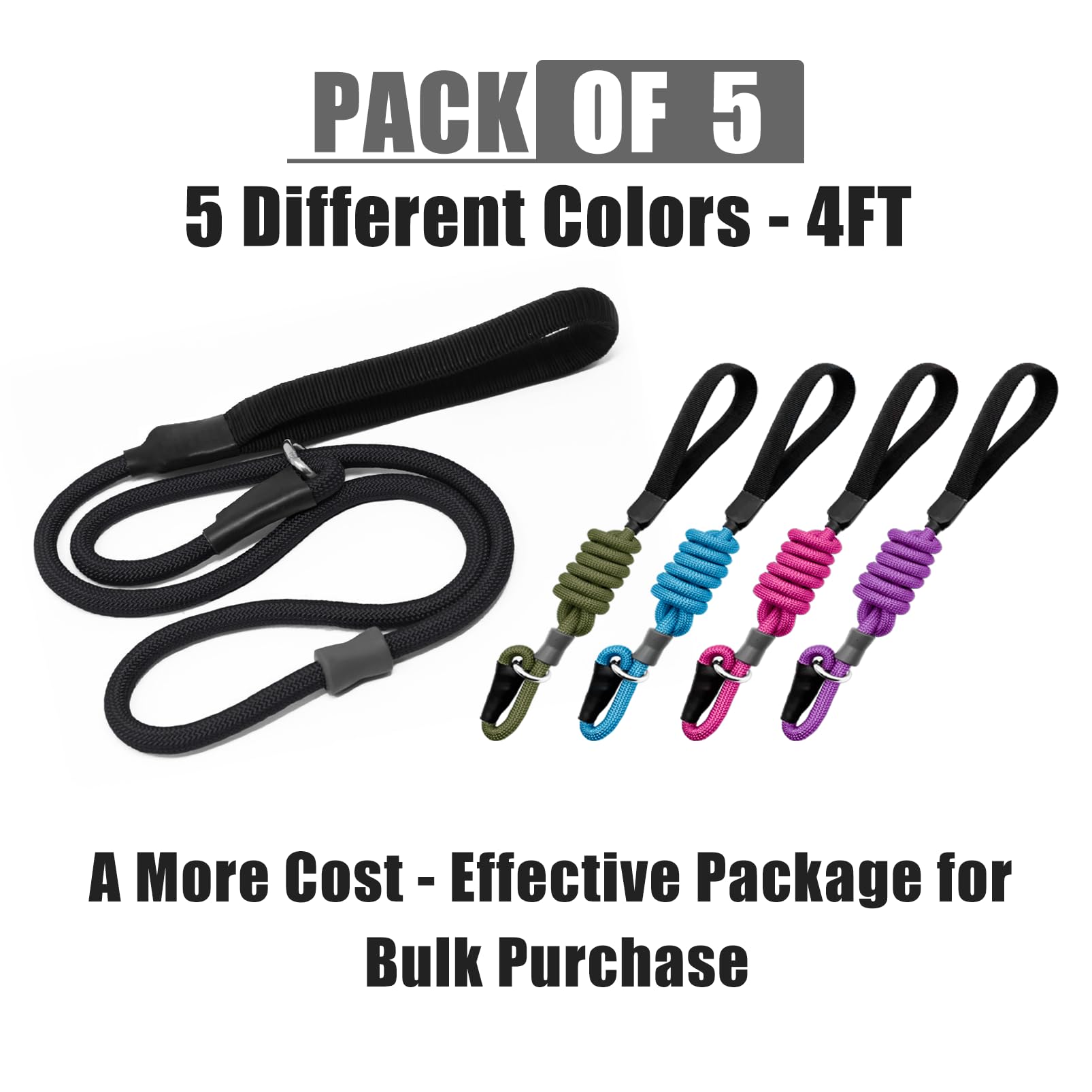 Strong Slip Rope Dog Training Leash (4Ft) 5Pc - Heavy Duty Durable Braided Nylon Lead With Rubber Stopper & Padded Handle - No P