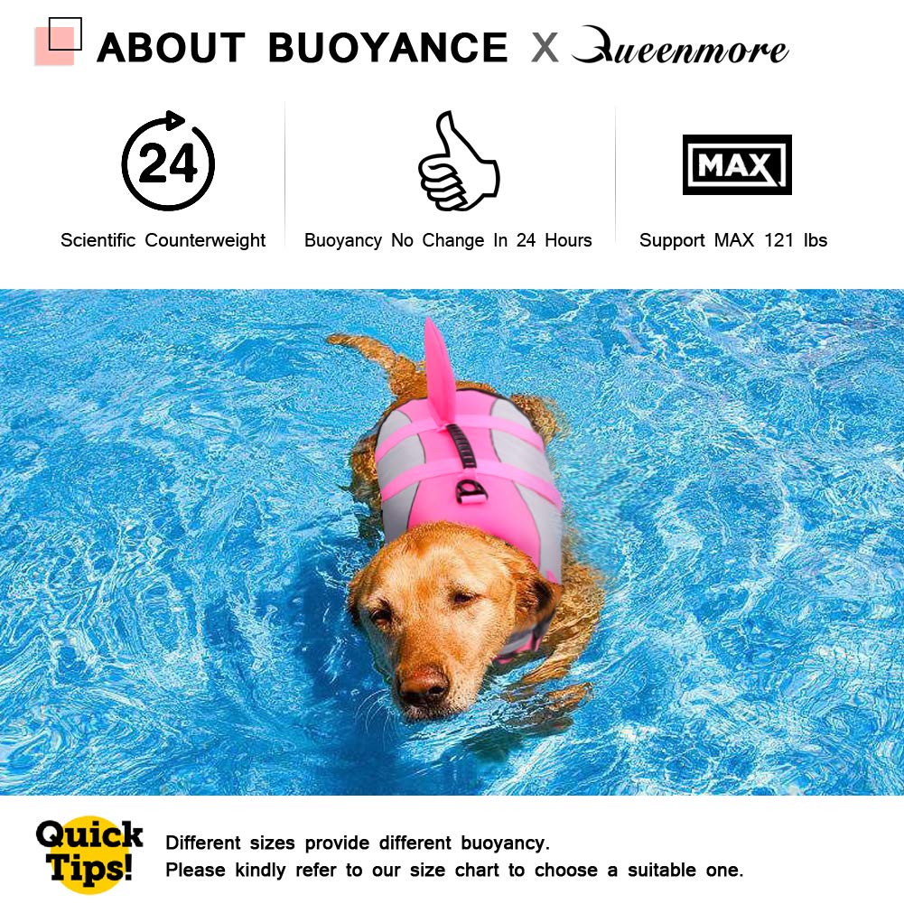 Queenmore Dog Life Jacket Ripstop Shark Dog Safety Vest Adjustable Preserver With High Buoyancy And Durable Rescue Handle For Small,Medium,Large Dogs, Pink Shark Small