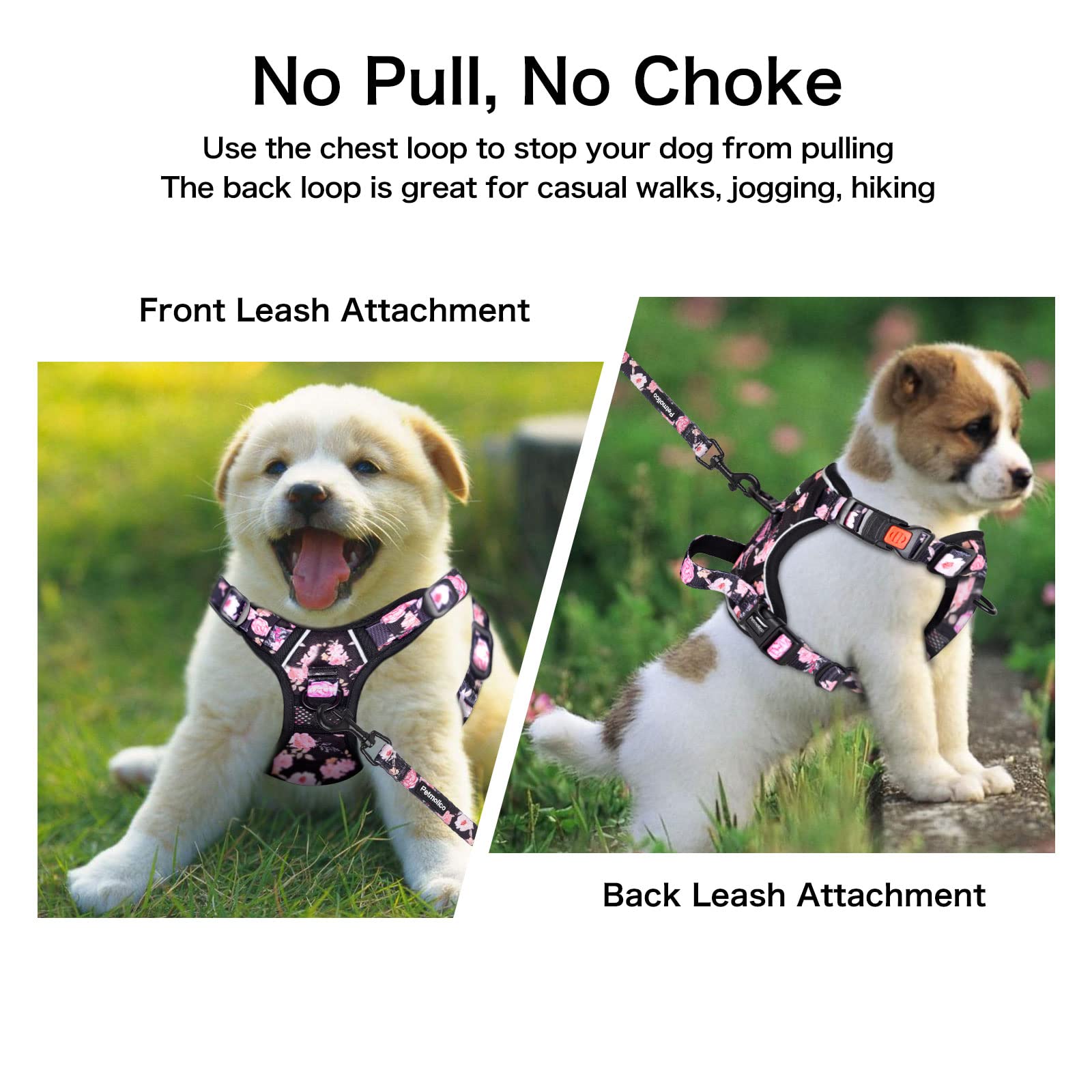 Petmolico Large Dog Harness Set, Reflective Vest Harness, 2 Leash Attachments, Rope Leash, Poop Bag Holder, Black with Pink Rose