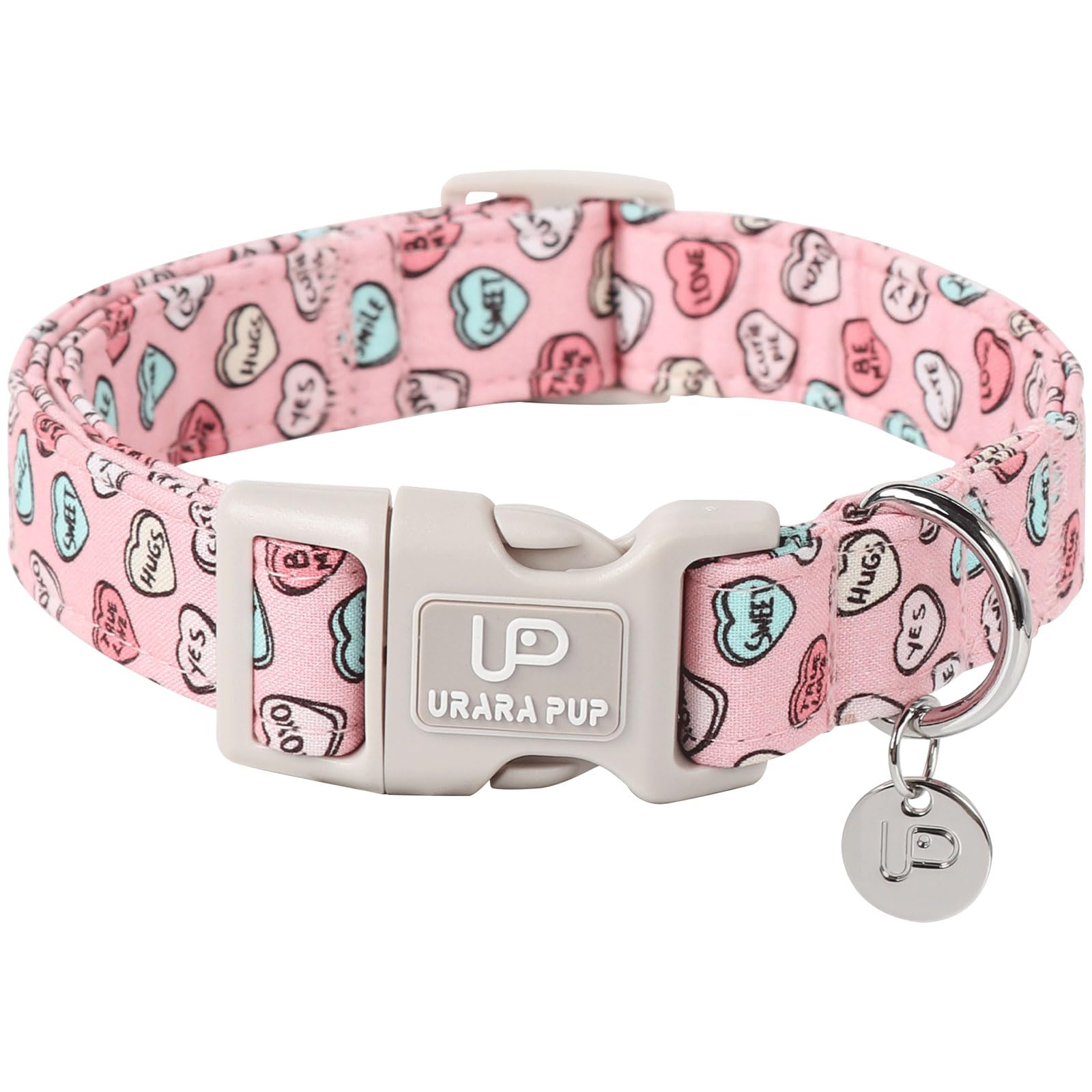 Up Urara Pup Pink Heart Dog Collar, Adjustable Size For Small Medium Dogs, Valentine'S Gift, Cotton Material, Buckle Closure