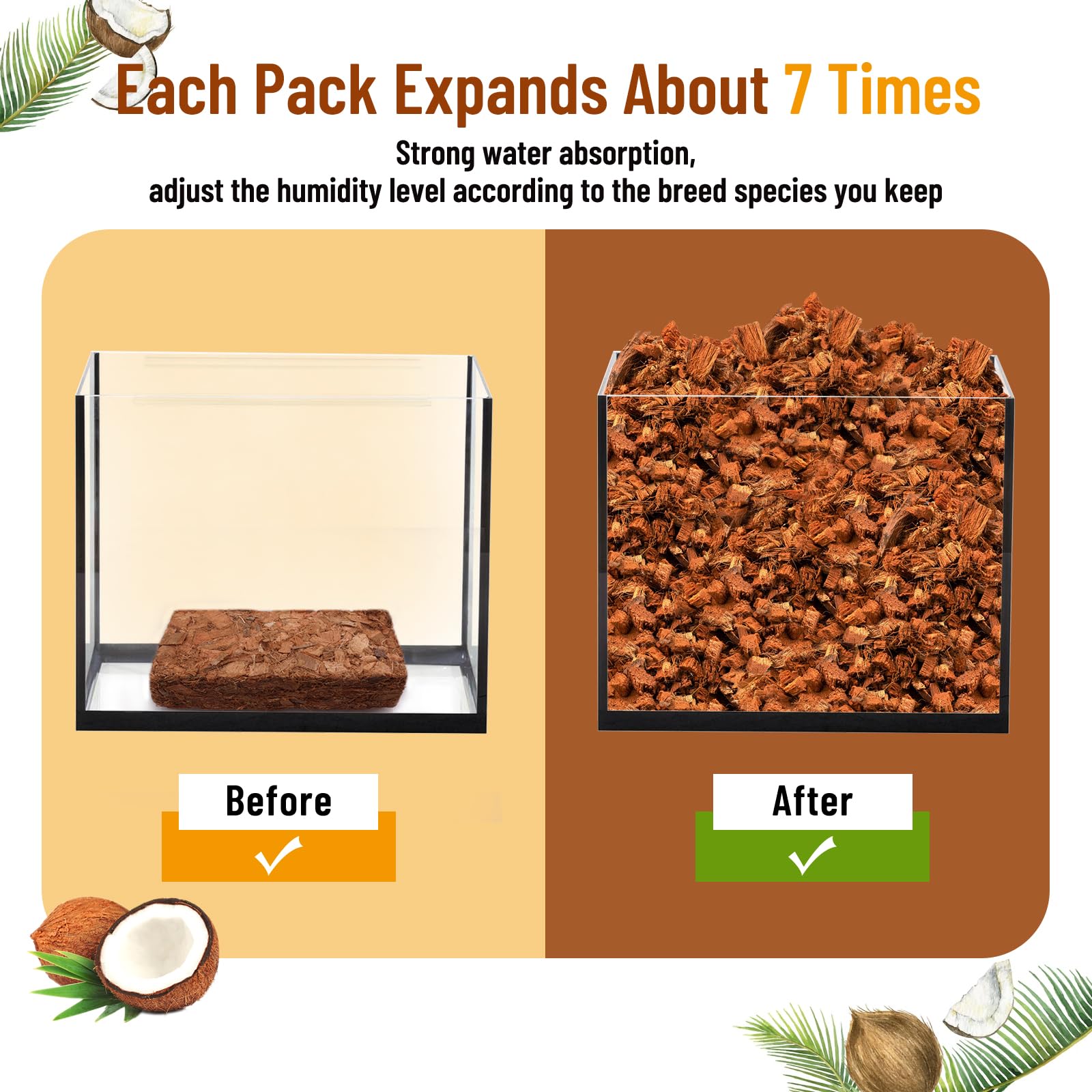 Riare 6 Pack Natural Coconut Chip Substrate for Reptiles- Compressed Coconut Husk Reptiles Bedding, Coco Husk Chip Terrarium Sub