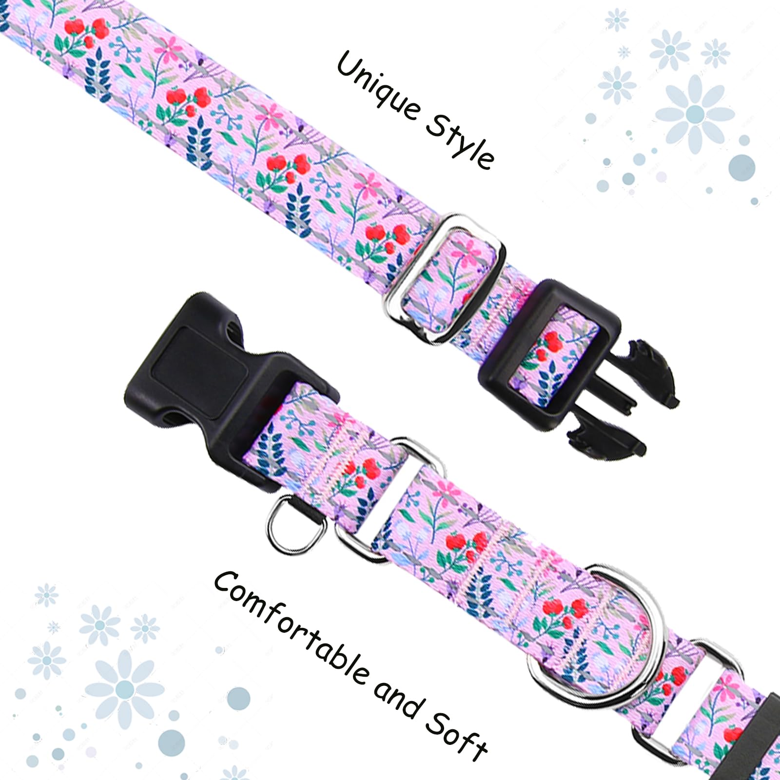 Fidohug Reflective Martingale Collar With Quick Release Buckle Anti Pulling Girl Female Dog Collars (Pink Flowers Plants, Large)
