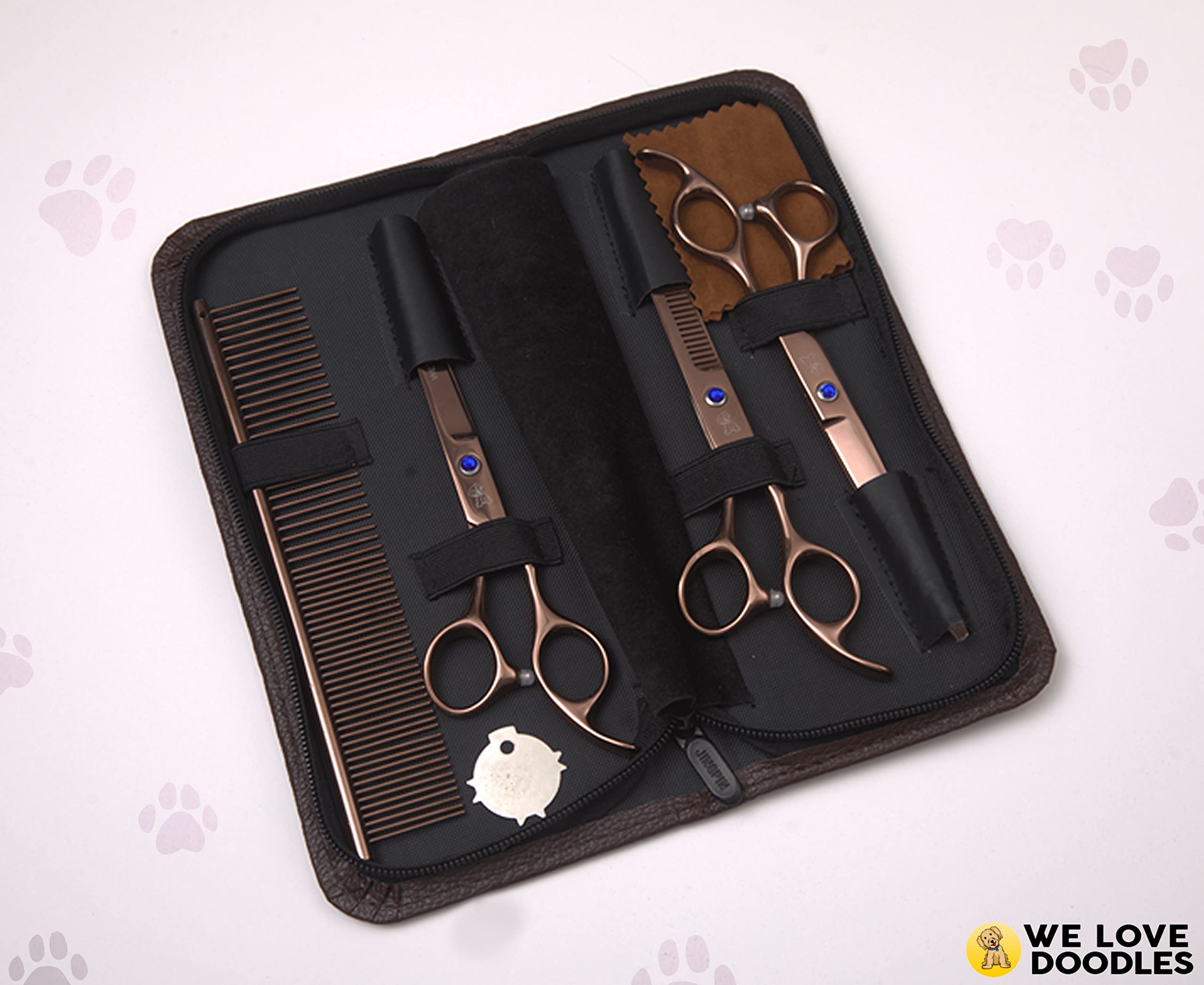 Dog Grooming Scissors Kit - Best Tools For Goldendoodles, Poodles & Doodles - Straight, Curved & Thinning Shears - Golden Doodle