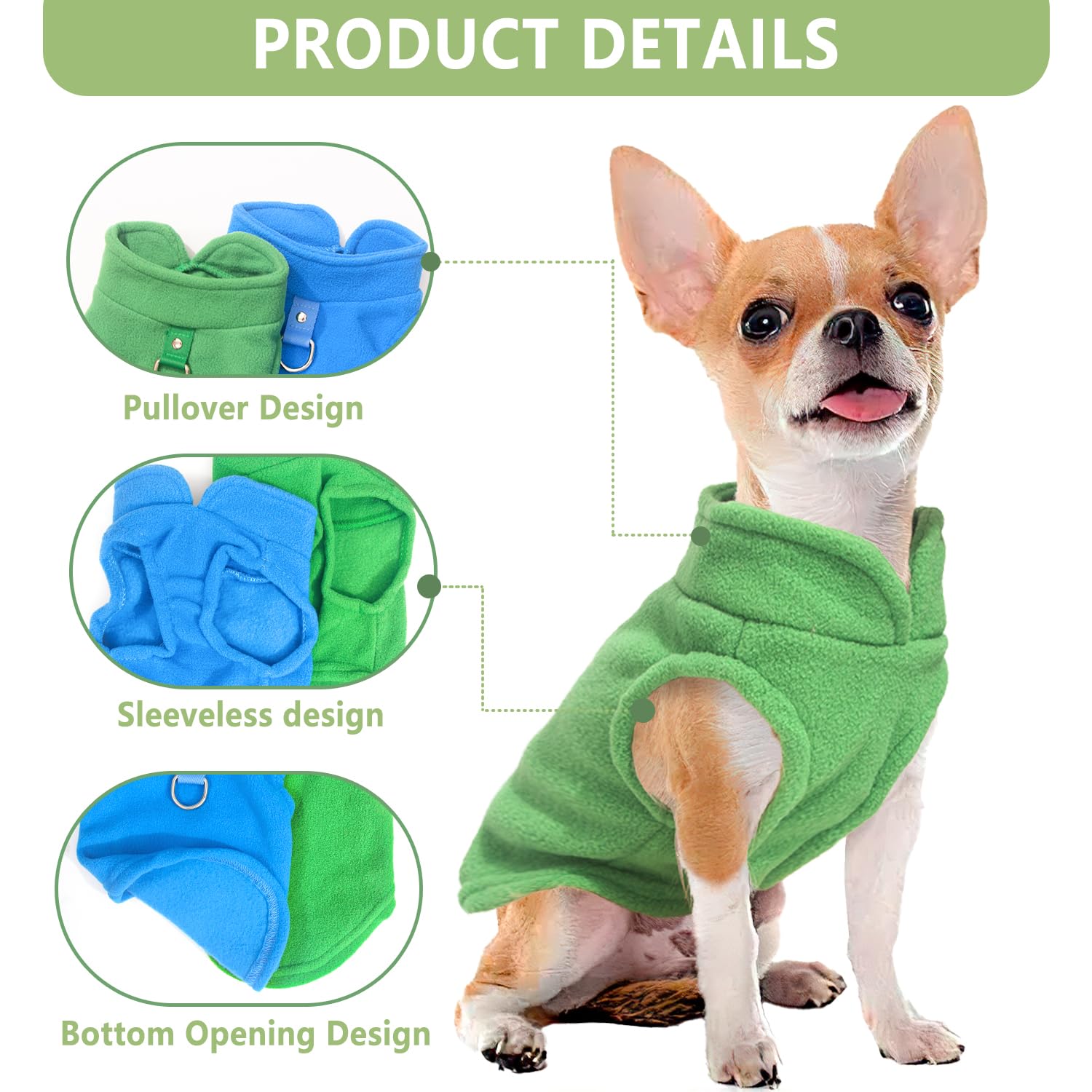 2-Piece Fleece Dog Sweater Vest & Pullover for Small Dogs - Male & Female, Fall & Winter, Soft & Warm, with D-Ring, Blue & Green
