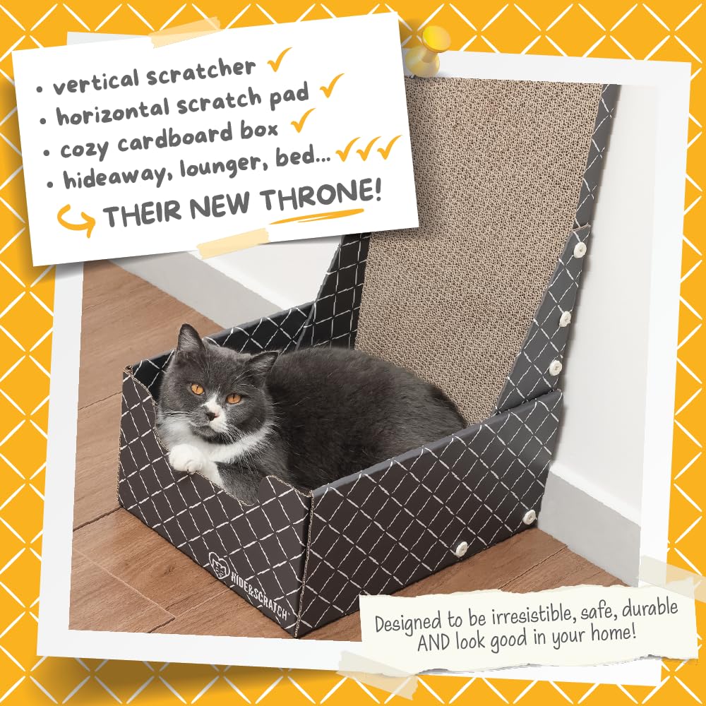 Hide & Scratch Cardboard Cat Scratcher Box & Bed - Dark Grey Diamond (Vertical L-Shaped) | Double-Sided Corrugated Pad for Indoo
