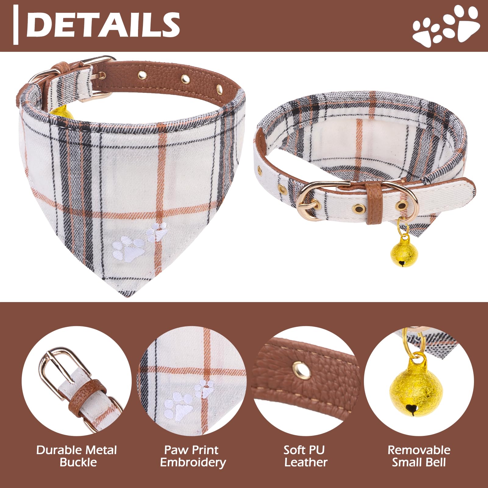 Expawlorer Dog Collar And Leash Set - Embroidery Pawprints Plaid Dog Leash And Collar Set, Cute Dog Bandana Collar With Bell, Do