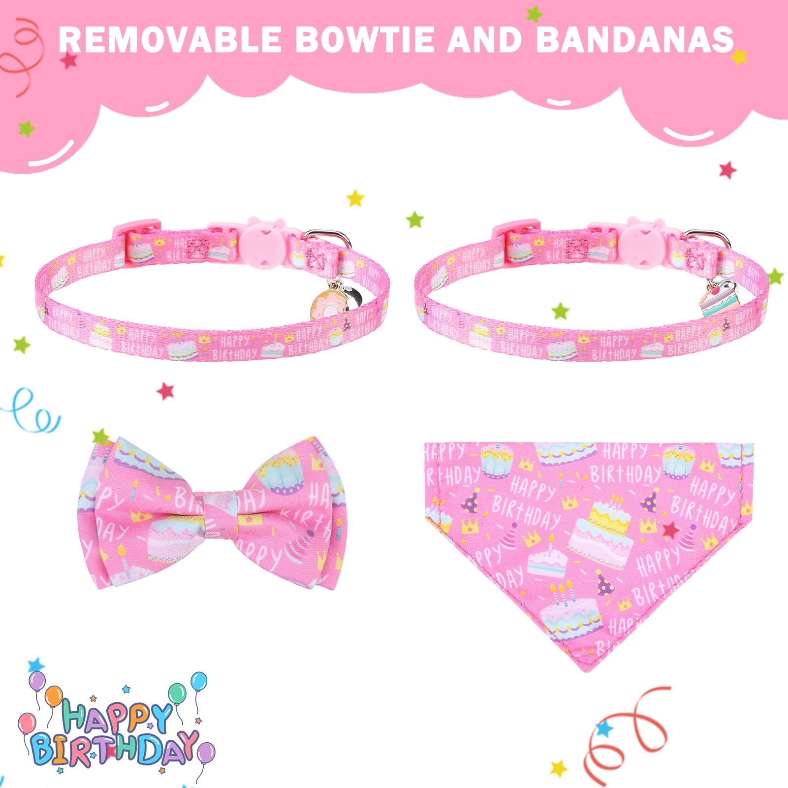 Scenereal Cat Bandana Collar For Birthday - 2 Pack Breakaway Kitten Collars With Bell Bowtie, Accessories For Pets, Adjustable C