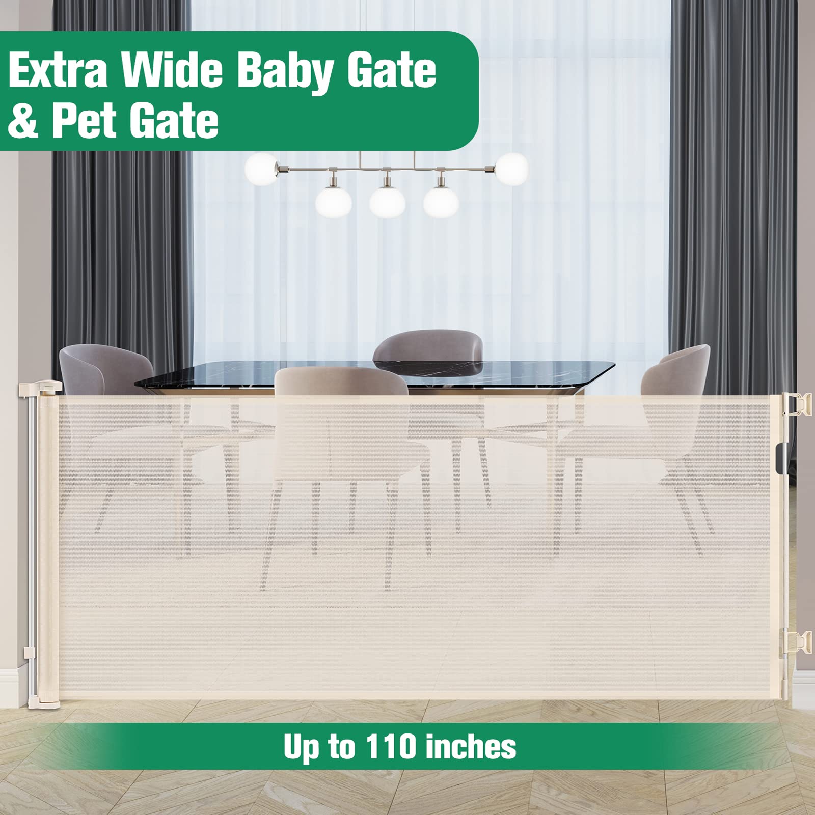 110 Inch Extra Wide Retractable Baby Gate For Large Openings Pet Gates For Dogs Indoor Retractable Baby Gates Outdoor Dog Gates For The House Extra Wide Baby Gate Large Dog Gate For Doorways, Beige