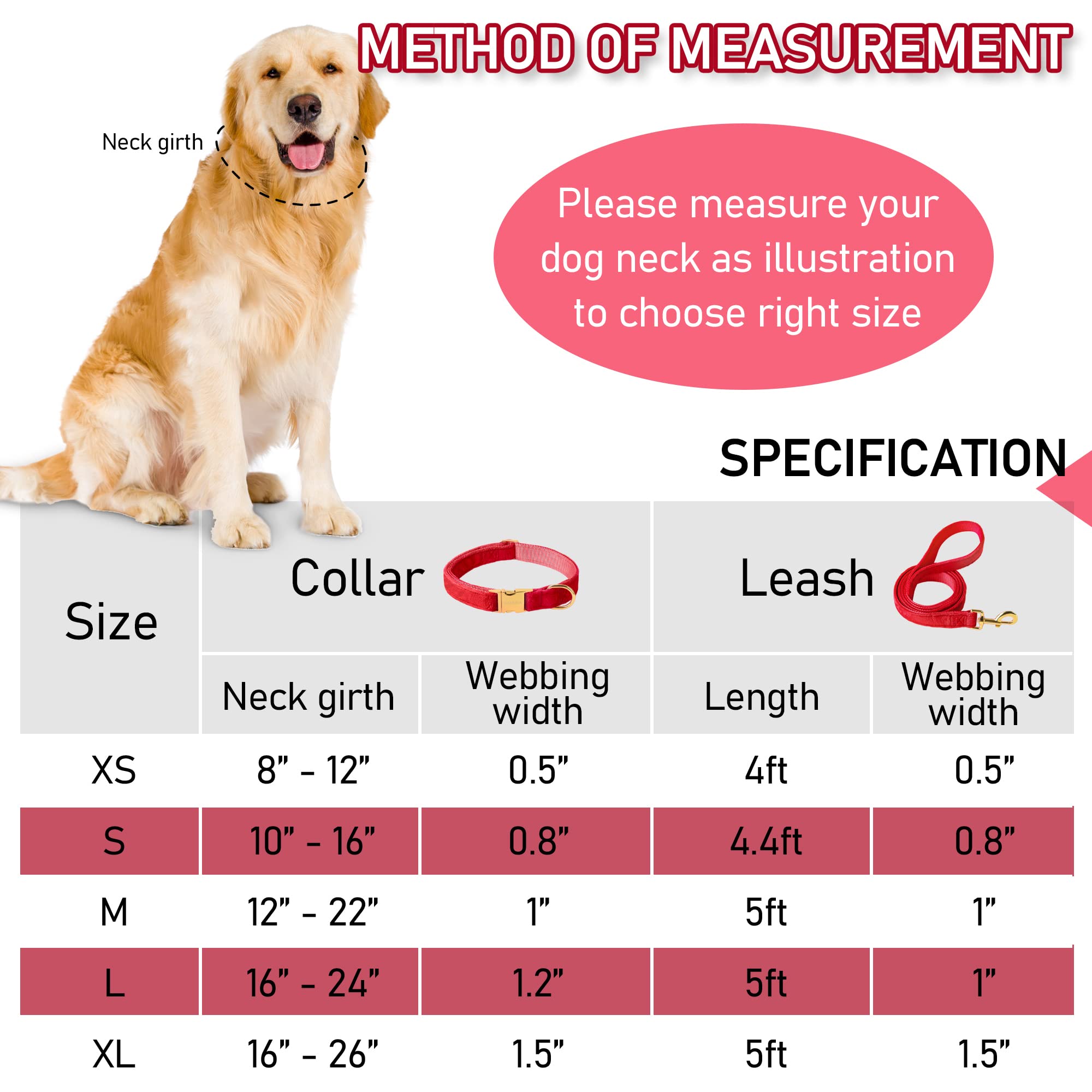 Gamuda Velvet Dog Collar And Leash, Super Soft And Smooth, Heavy Duty Gold Buckle, Comfortable And Easy To Clean, Adjustable Collar For Dog (Xl, Red)